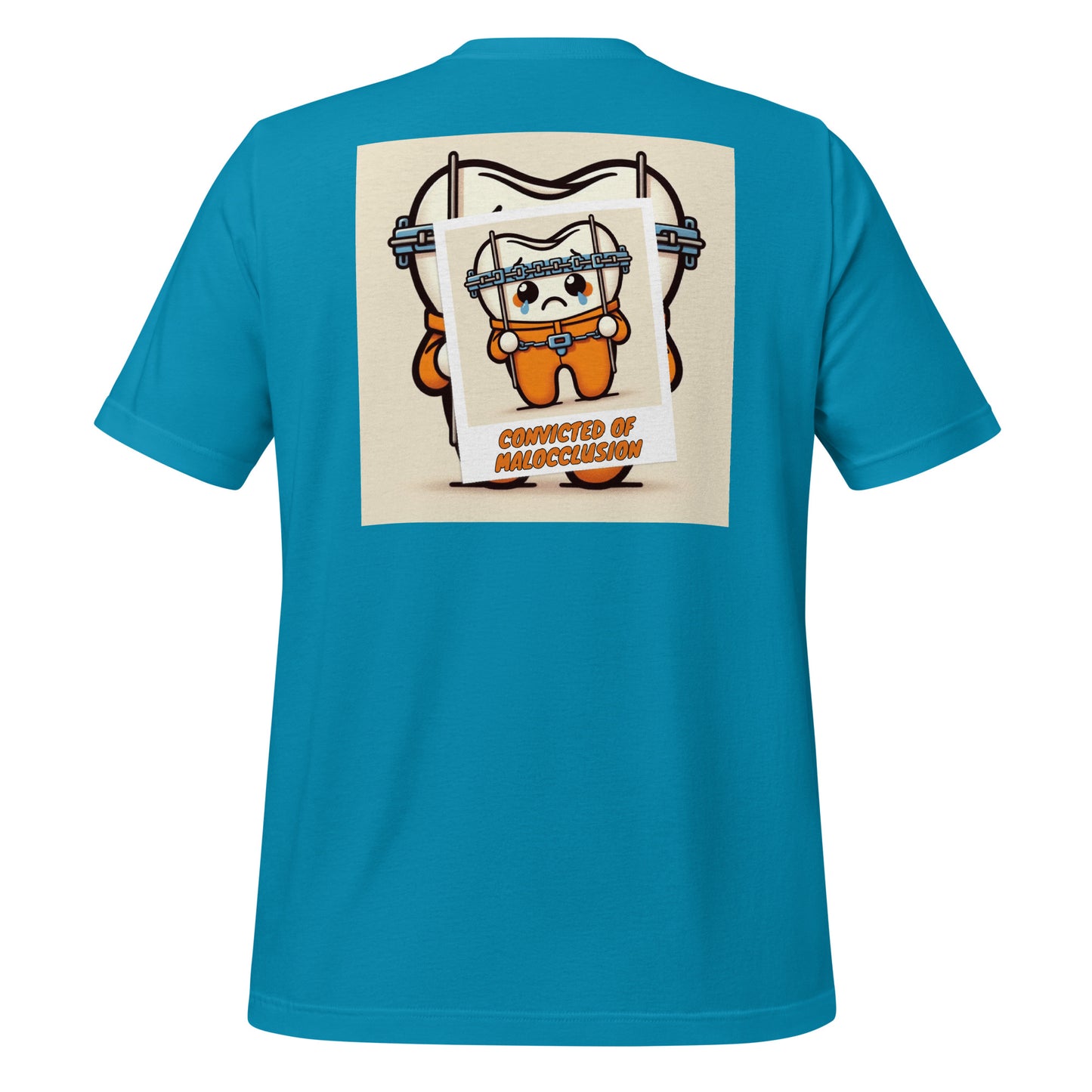 Funny dental shirt featuring a creative design of a cute tooth character behind braces, symbolizing orthodontic treatment. Aqua color.