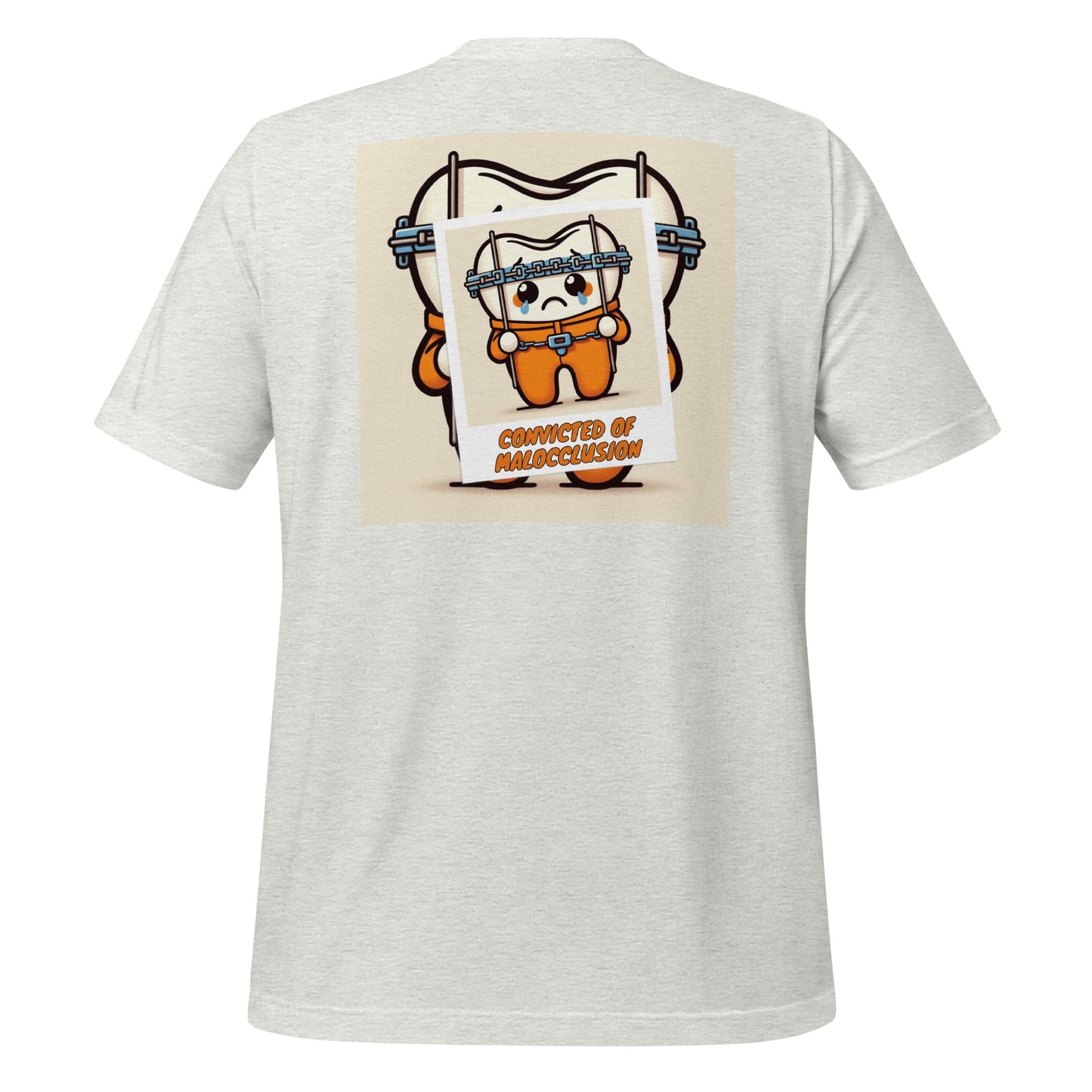 Funny dental shirt featuring a creative design of a cute tooth character behind braces, symbolizing orthodontic treatment. Ash color.