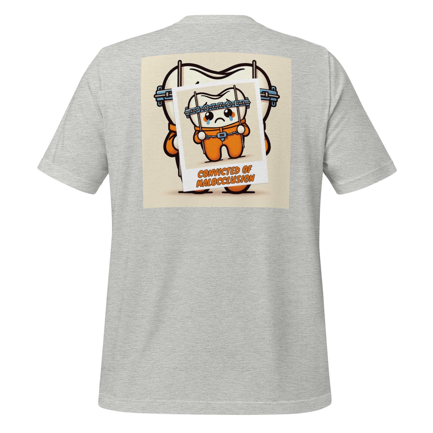 Funny dental shirt featuring a creative design of a cute tooth character behind braces, symbolizing orthodontic treatment. Athletic heather color.
