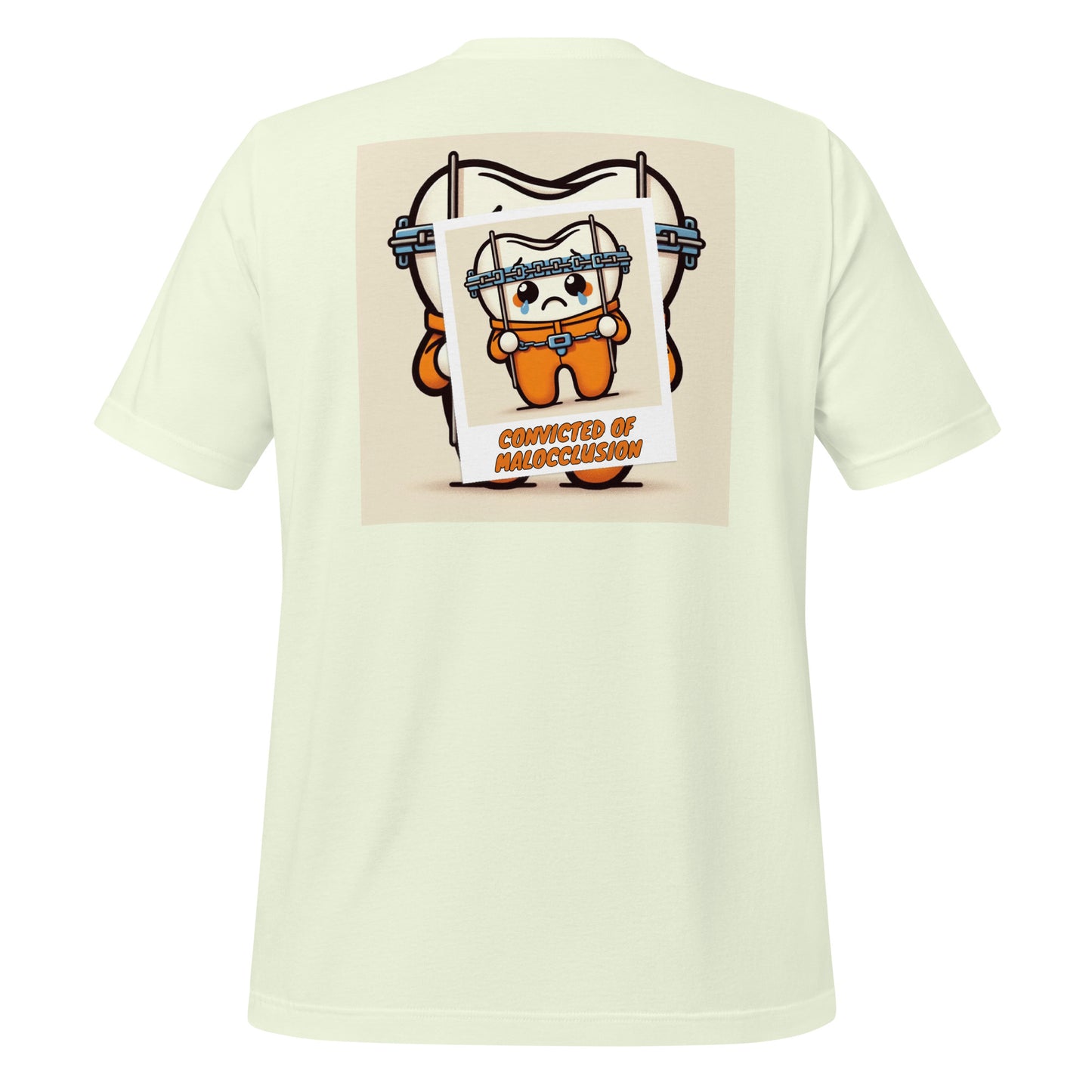Funny dental shirt featuring a creative design of a cute tooth character behind braces, symbolizing orthodontic treatment. Citron color.