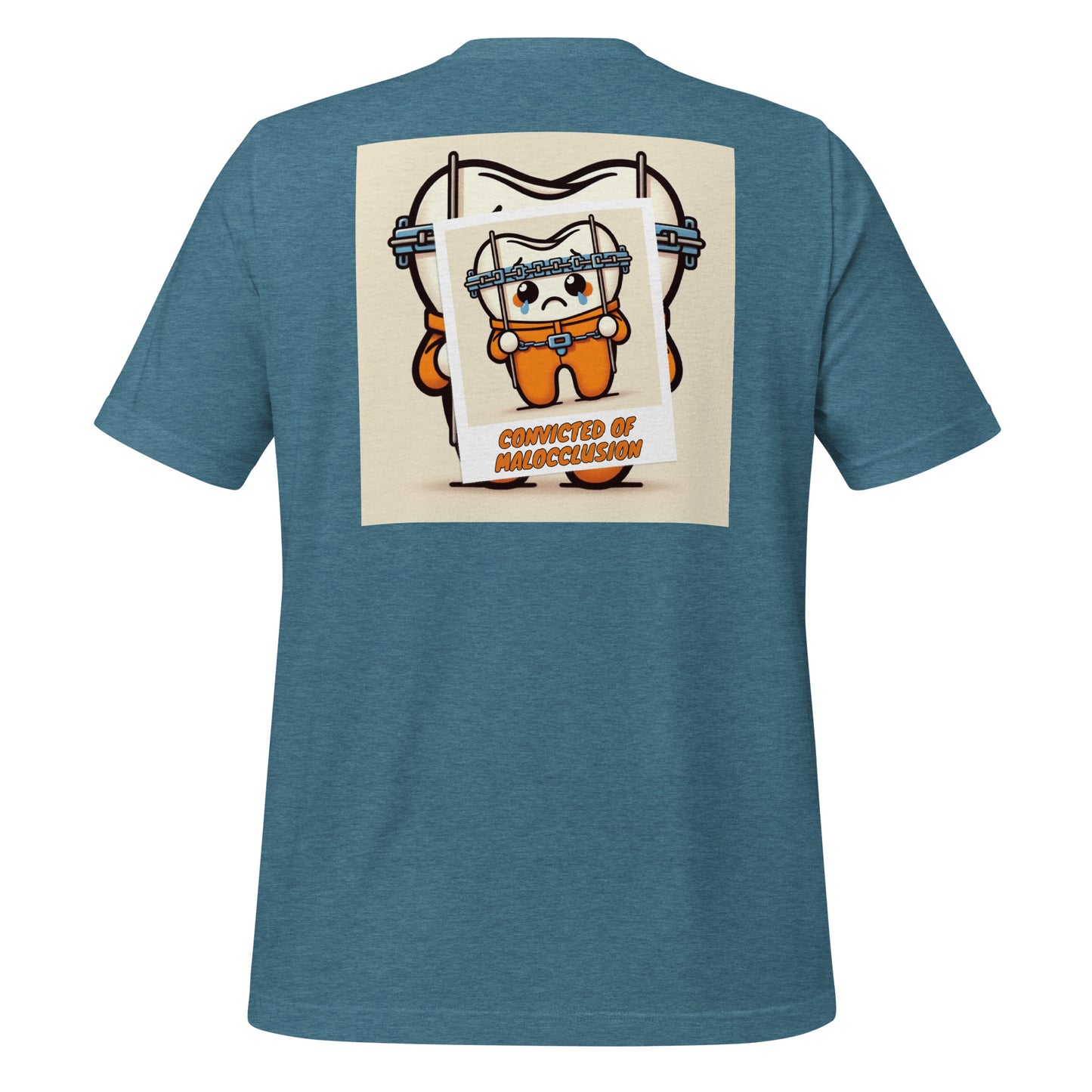 Funny dental shirt featuring a creative design of a cute tooth character behind braces, symbolizing orthodontic treatment. Heather deep teal color.