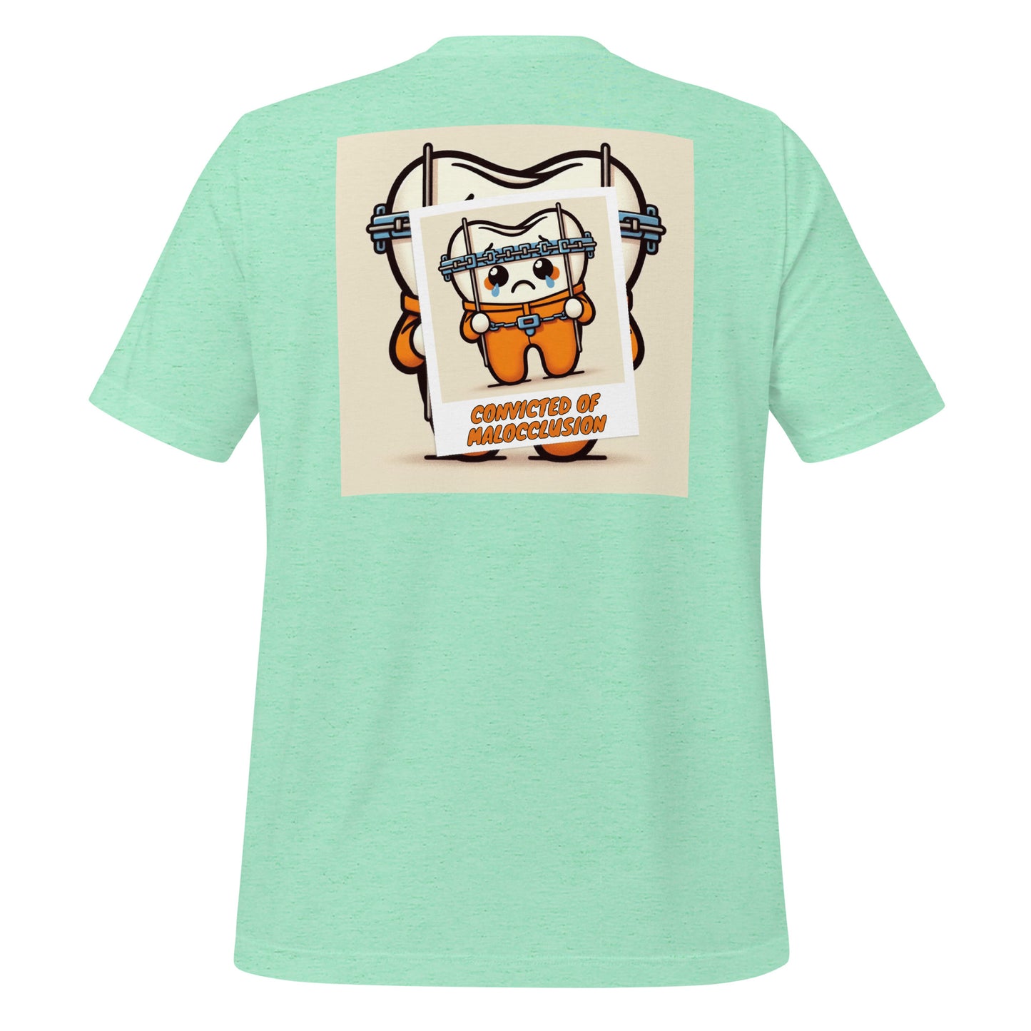 Funny dental shirt featuring a creative design of a cute tooth character behind braces, symbolizing orthodontic treatment. Heather mint color.