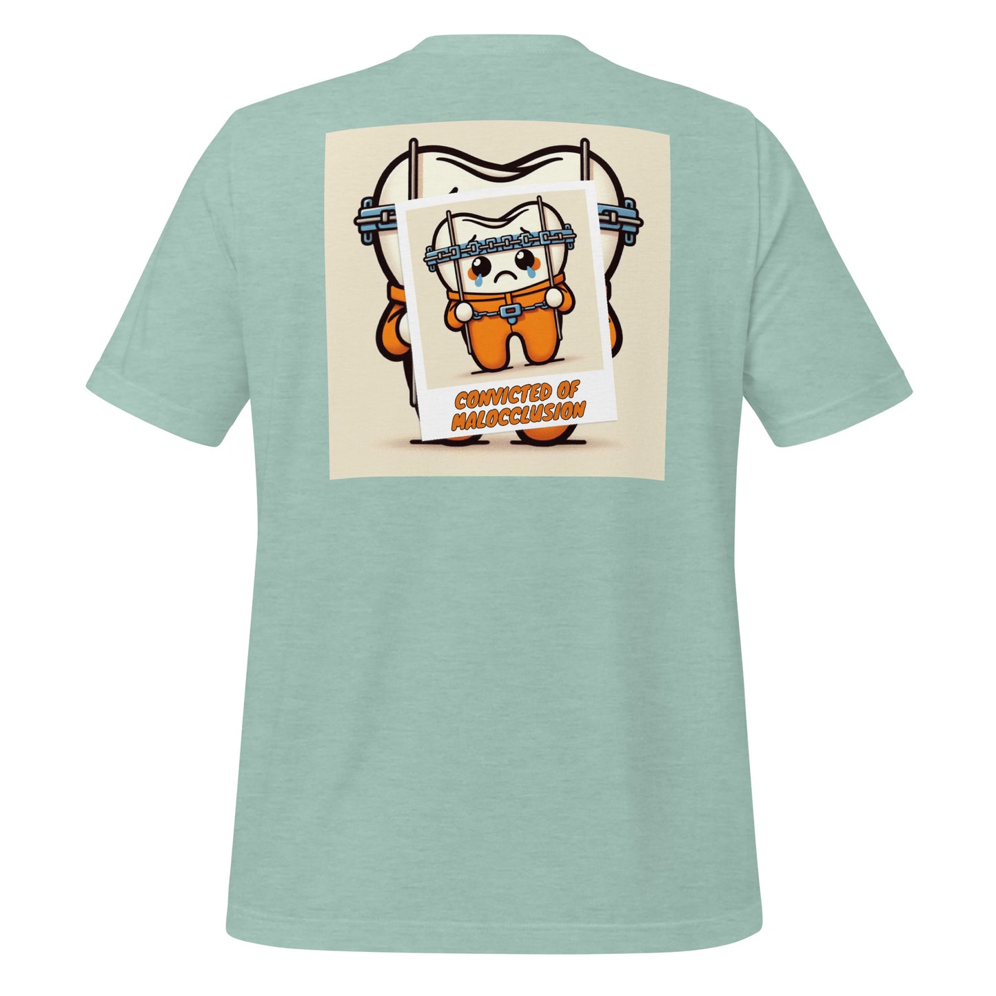 Funny dental shirt featuring a creative design of a cute tooth character behind braces, symbolizing orthodontic treatment. Heather prism dusty blue color.
