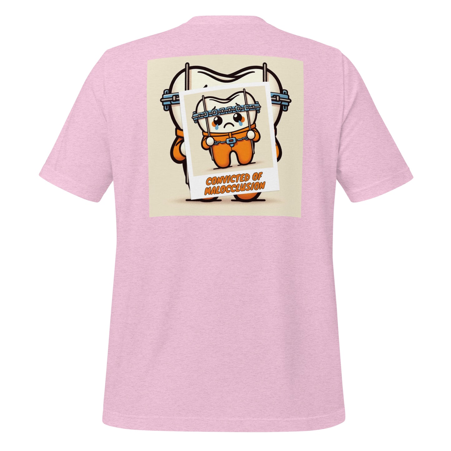 Funny dental shirt featuring a creative design of a cute tooth character behind braces, symbolizing orthodontic treatment. Heather prism lilac color.