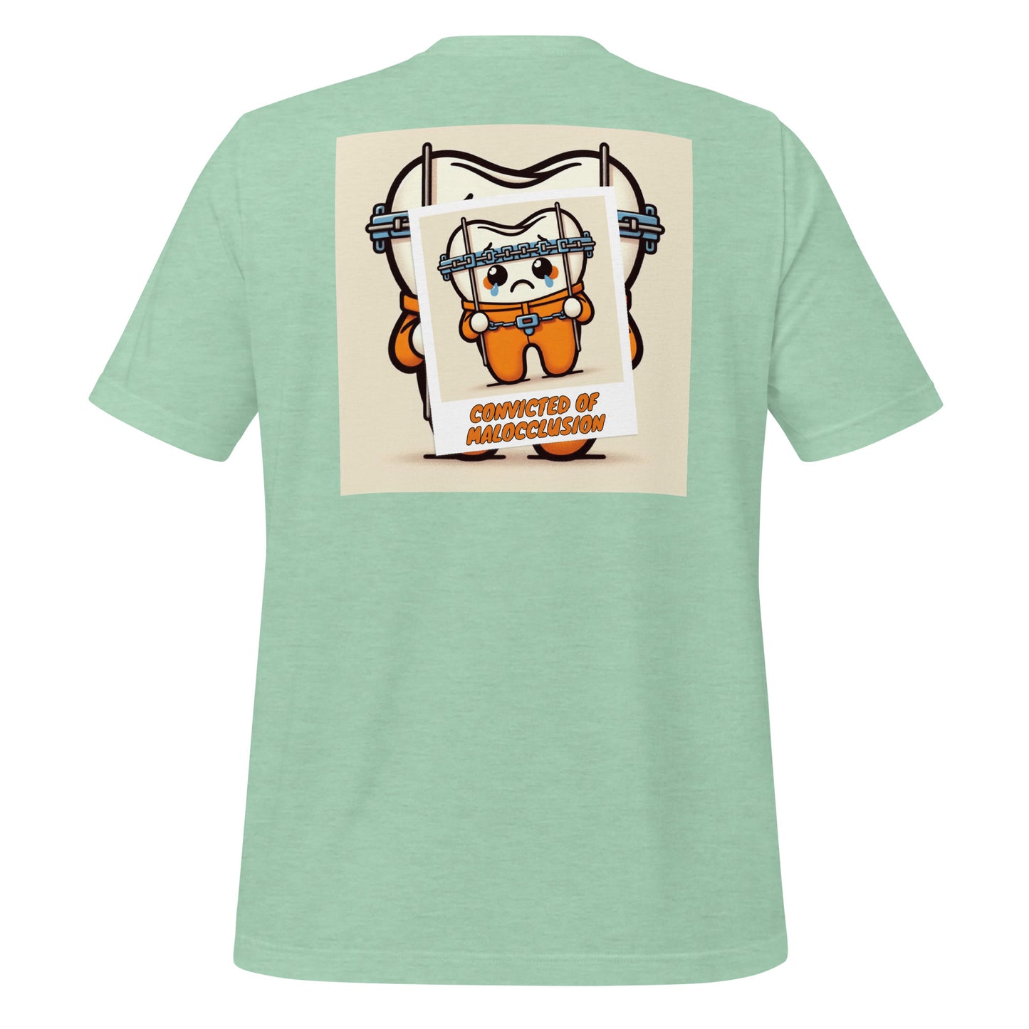 Funny dental shirt featuring a creative design of a cute tooth character behind braces, symbolizing orthodontic treatment. Heather prism mint color.