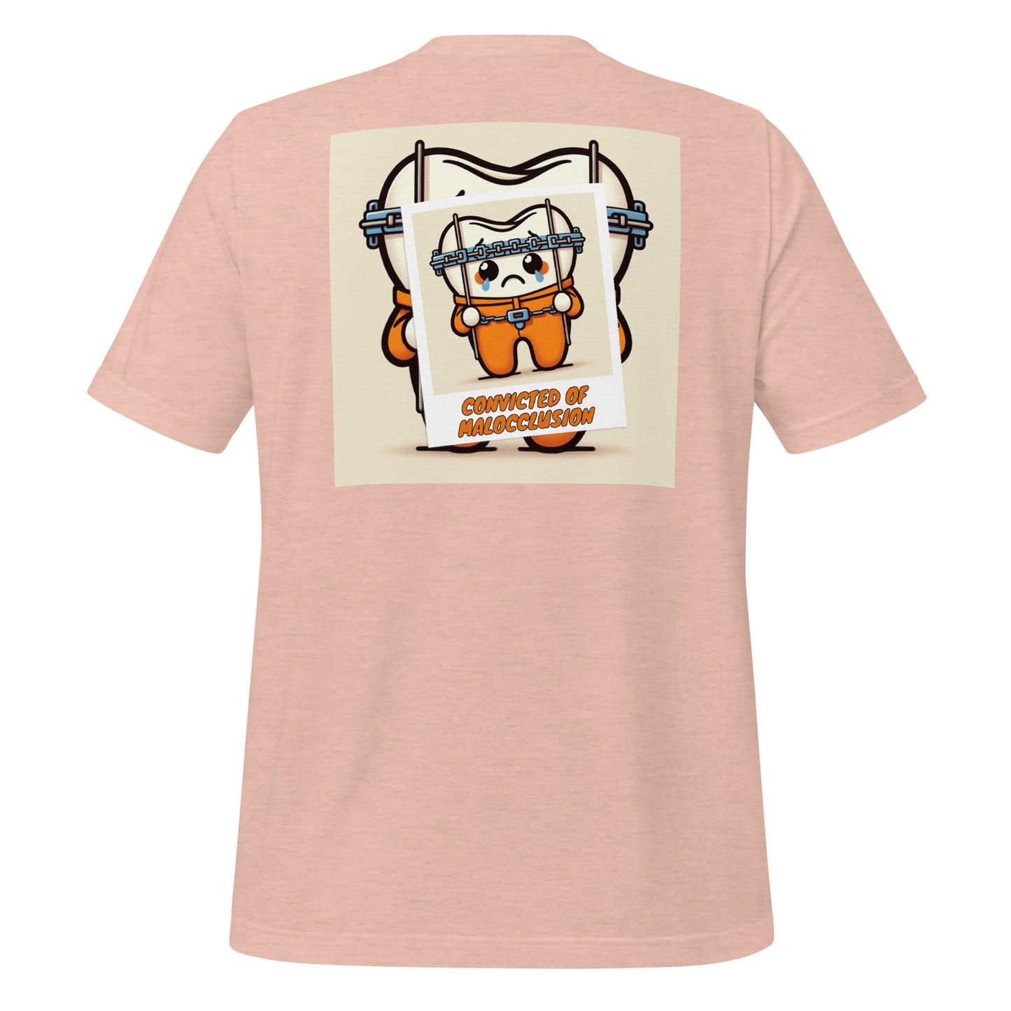 Funny dental shirt featuring a creative design of a cute tooth character behind braces, symbolizing orthodontic treatment. Heather prism peach color.