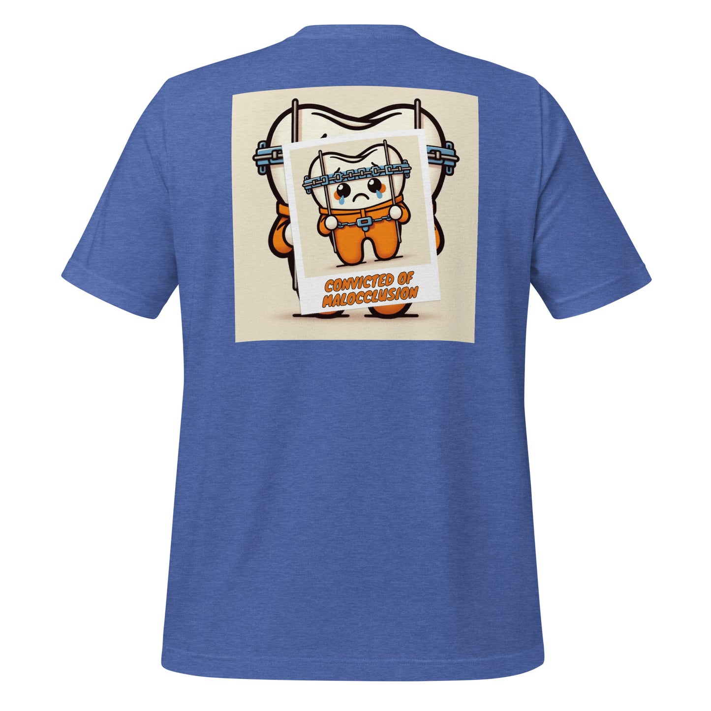 Funny dental shirt featuring a creative design of a cute tooth character behind braces, symbolizing orthodontic treatment. Heather true royal color.