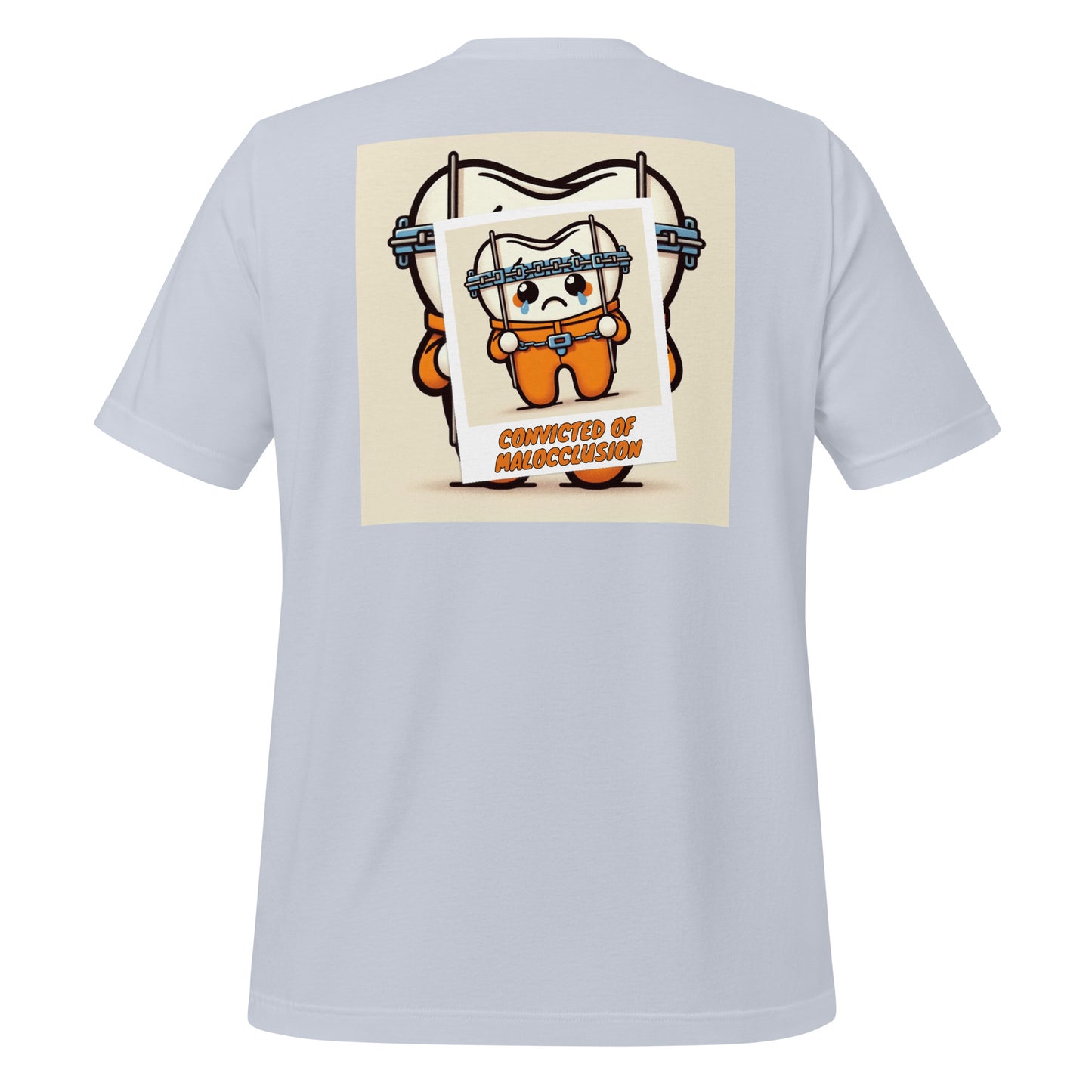 Funny dental shirt featuring a creative design of a cute tooth character behind braces, symbolizing orthodontic treatment. Light blue color.