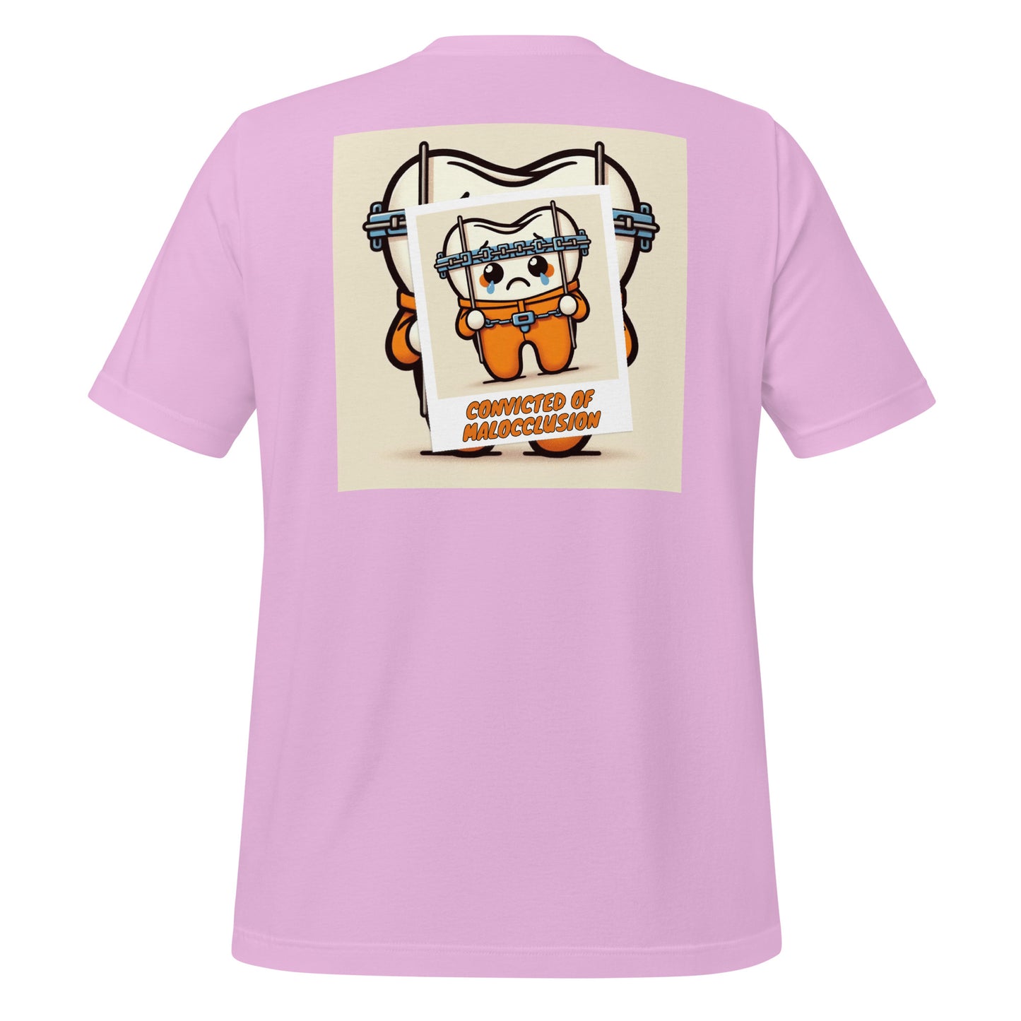 Funny dental shirt featuring a creative design of a cute tooth character behind braces, symbolizing orthodontic treatment. Lilac color.