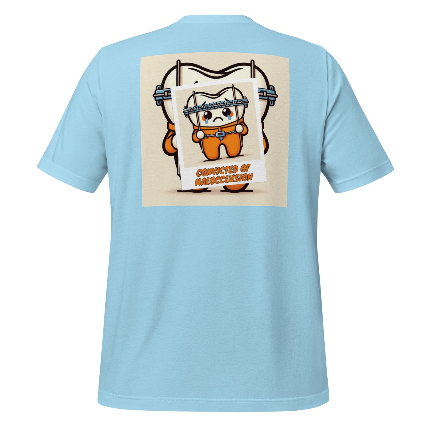 Funny dental shirt featuring a creative design of a cute tooth character behind braces, symbolizing orthodontic treatment. Ocean blue color.