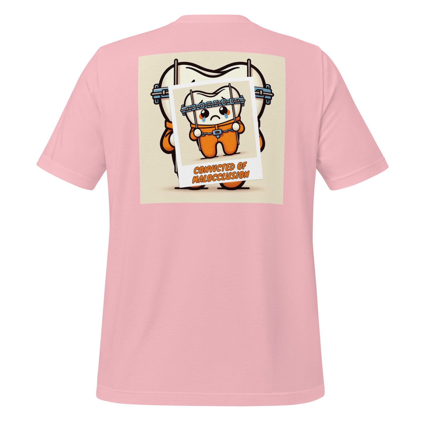 Funny dental shirt featuring a creative design of a cute tooth character behind braces, symbolizing orthodontic treatment. Pink color.