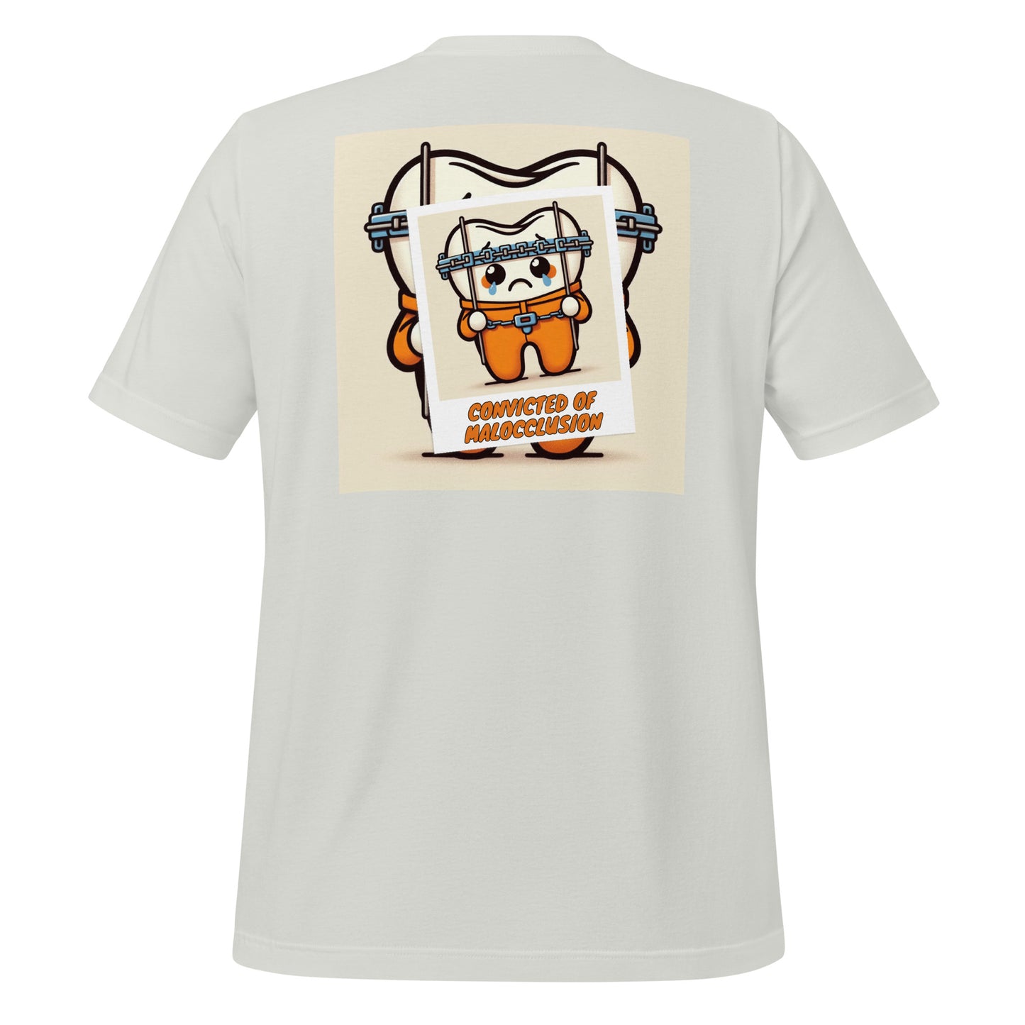 Funny dental shirt featuring a creative design of a cute tooth character behind braces, symbolizing orthodontic treatment. Silver color.