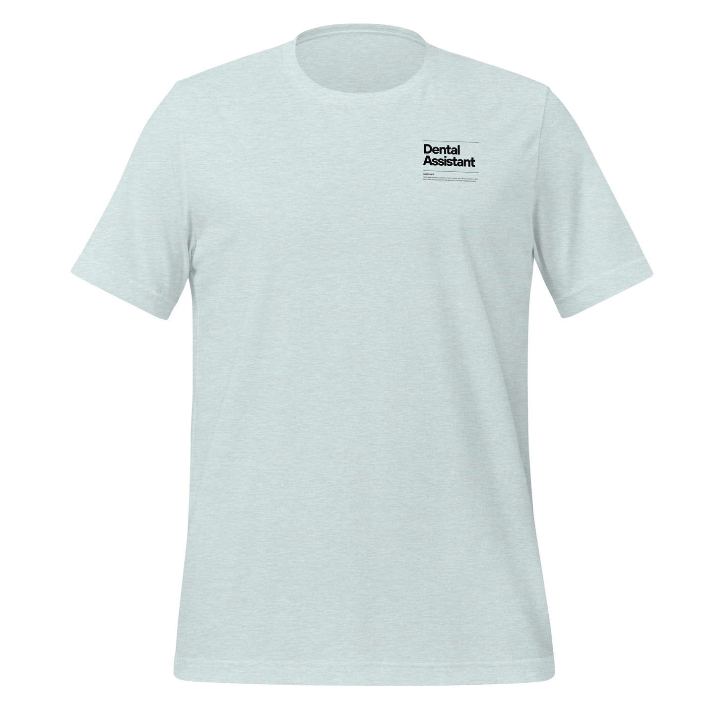Heather prism ice blue dental assistant shirt featuring a creative label design with icons and text, perfect for dental assistants who want to express their identity and passion for their job - dental shirts front view.
