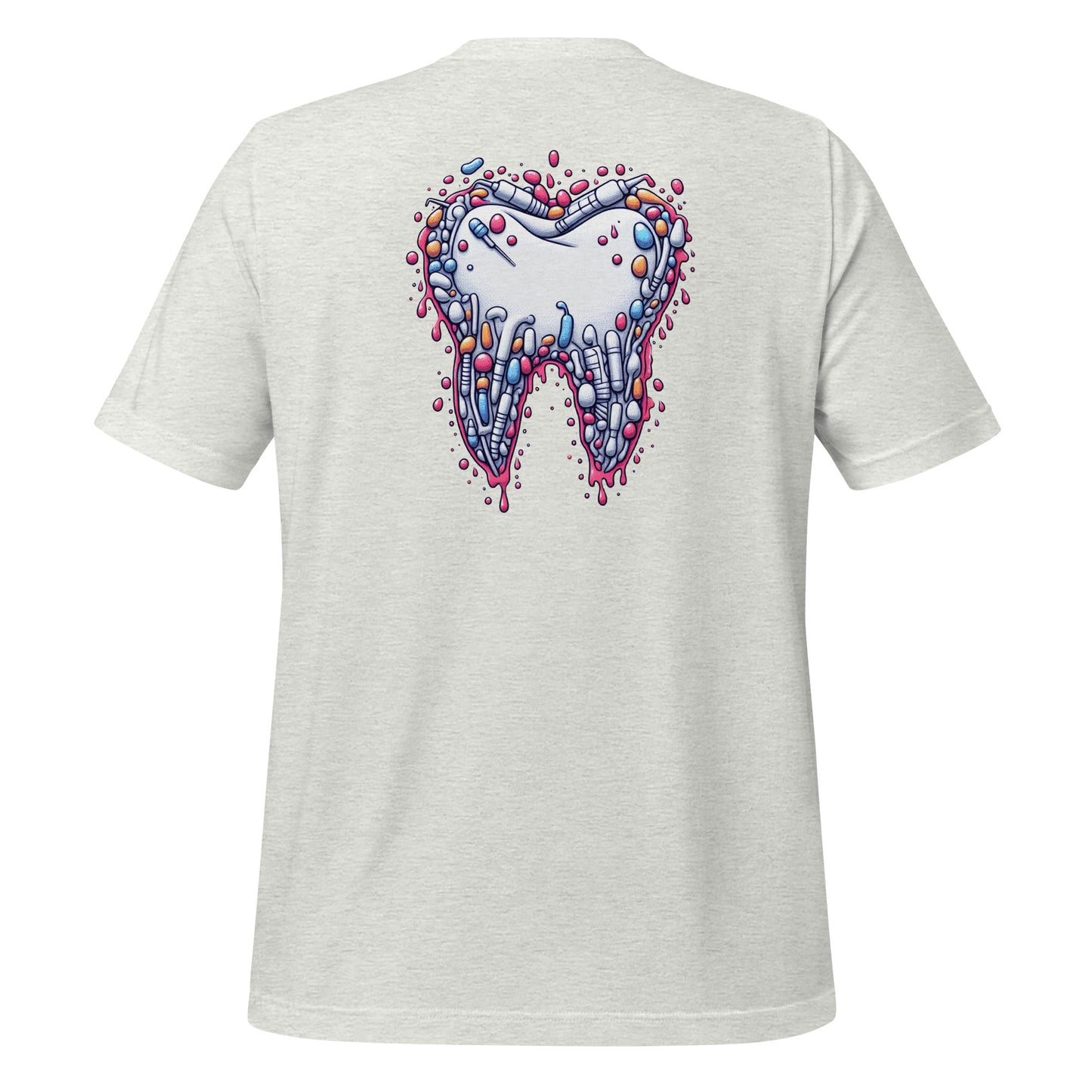 Modern style tooth design dripping with colorful details on a ash dental shirt, perfect for dental professionals and enthusiasts.