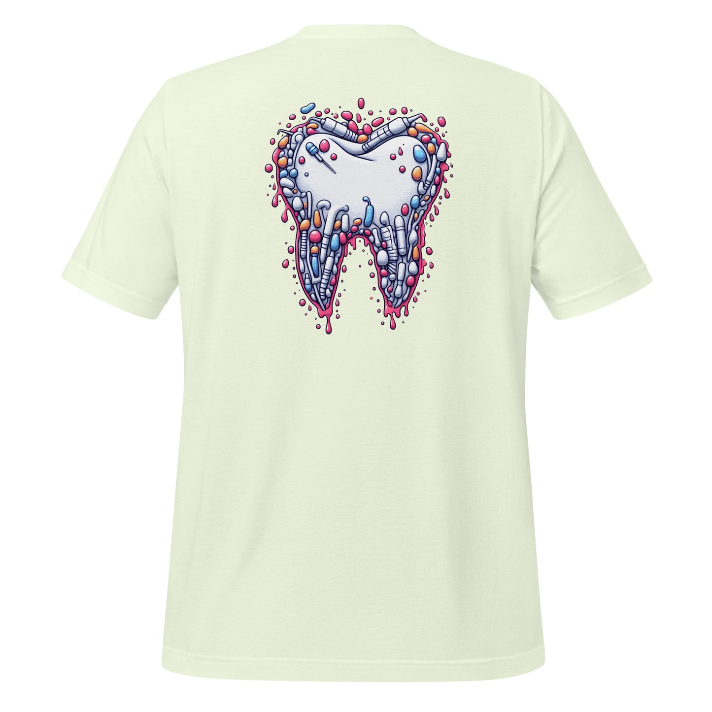 Modern style tooth design dripping with colorful details on a citron dental shirt, perfect for dental professionals and enthusiasts.