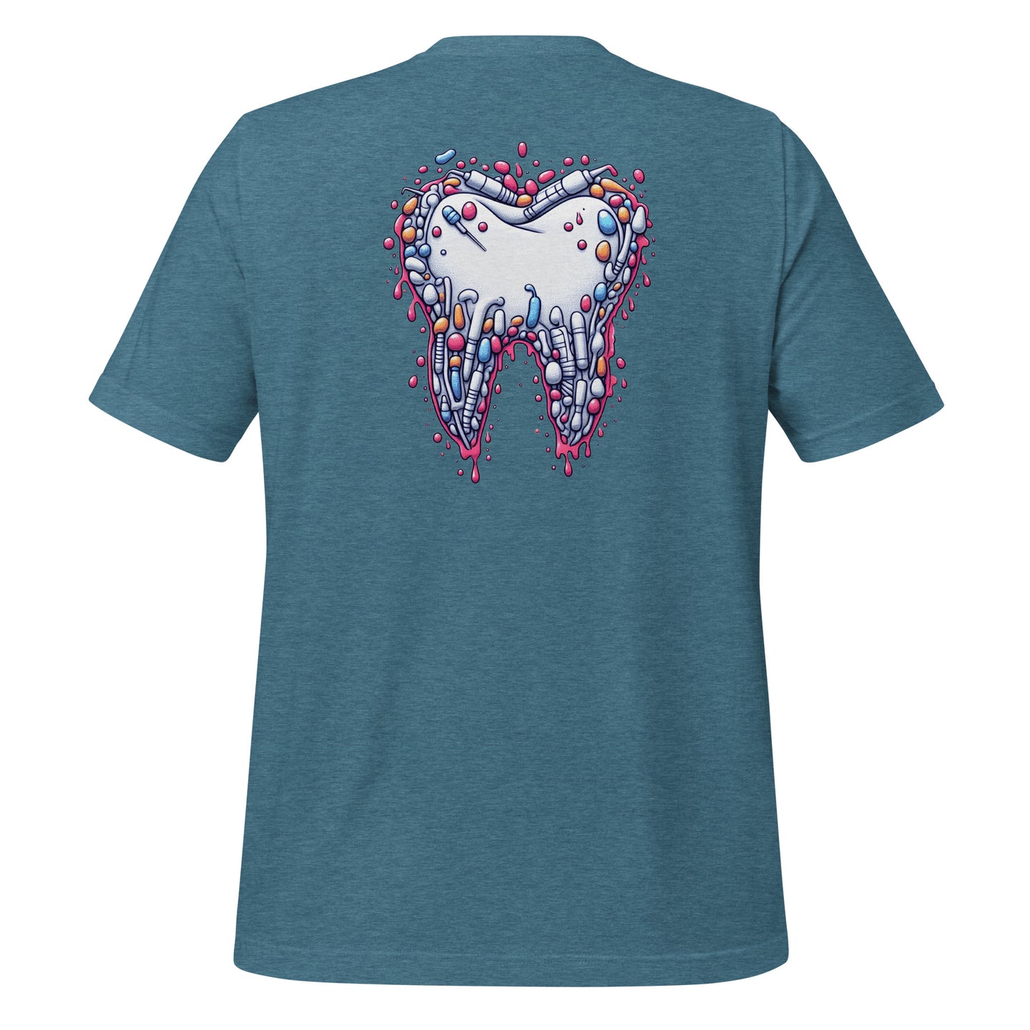 Modern style tooth design dripping with colorful details on a heather deep teal dental shirt, perfect for dental professionals and enthusiasts.