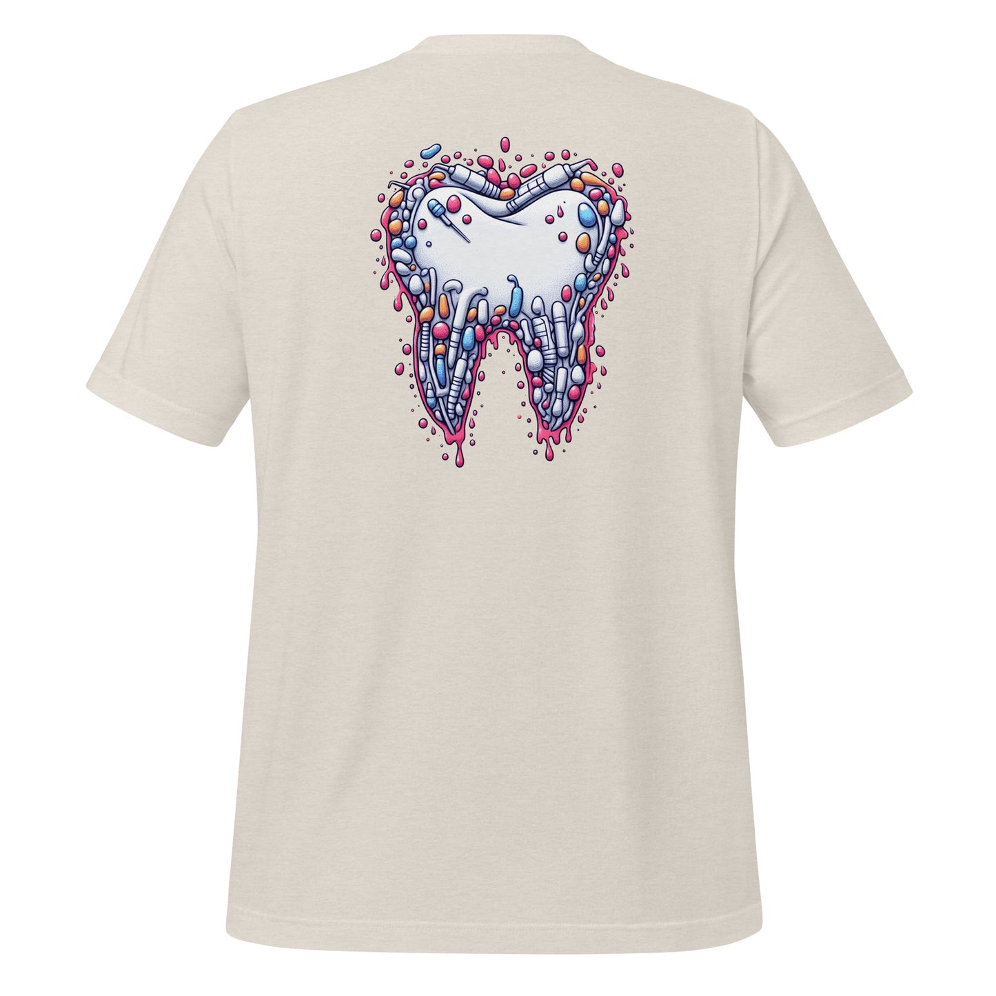 Modern style tooth design dripping with colorful details on a heather dust dental shirt, perfect for dental professionals and enthusiasts.
