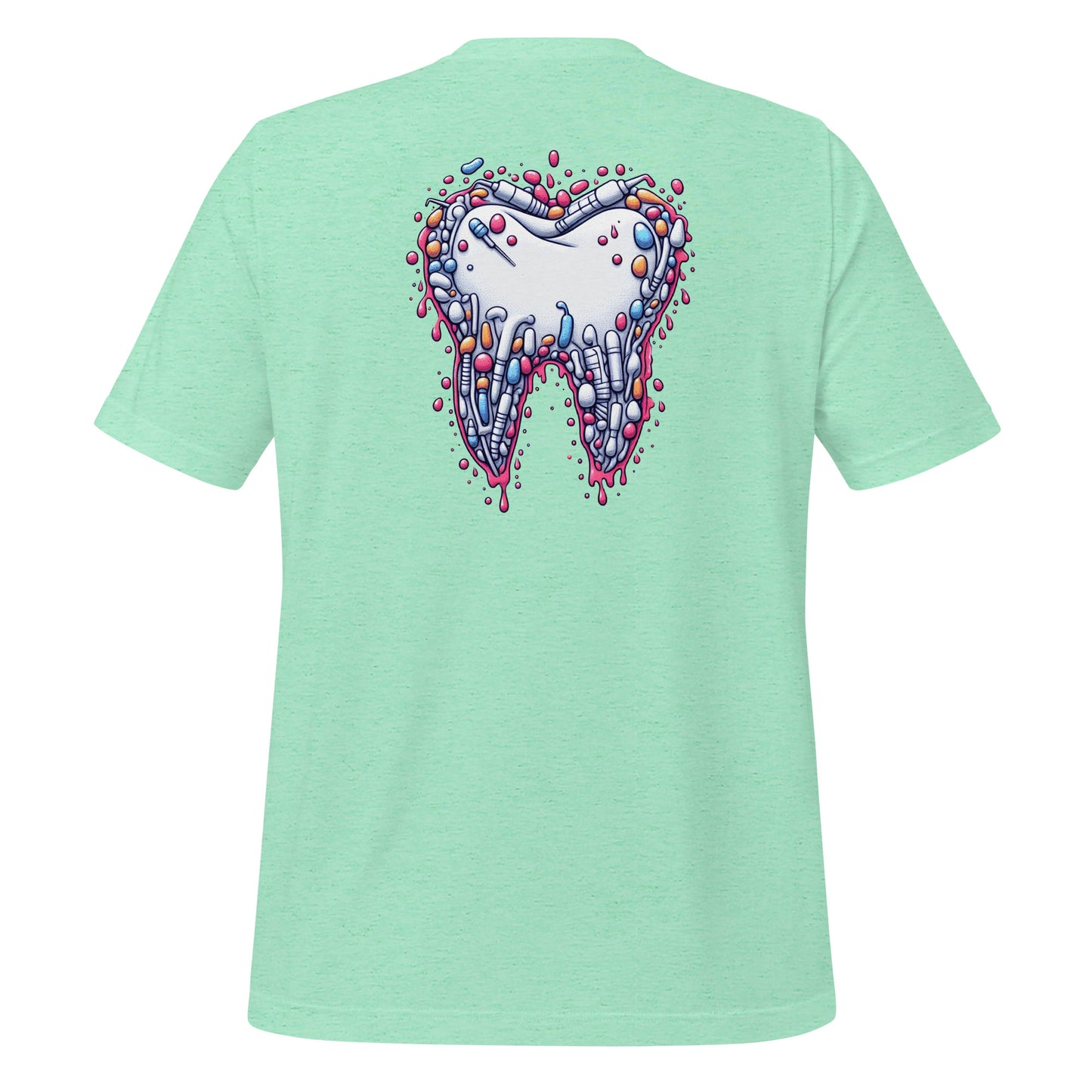 Modern style tooth design dripping with colorful details on a heather mint dental shirt, perfect for dental professionals and enthusiasts.