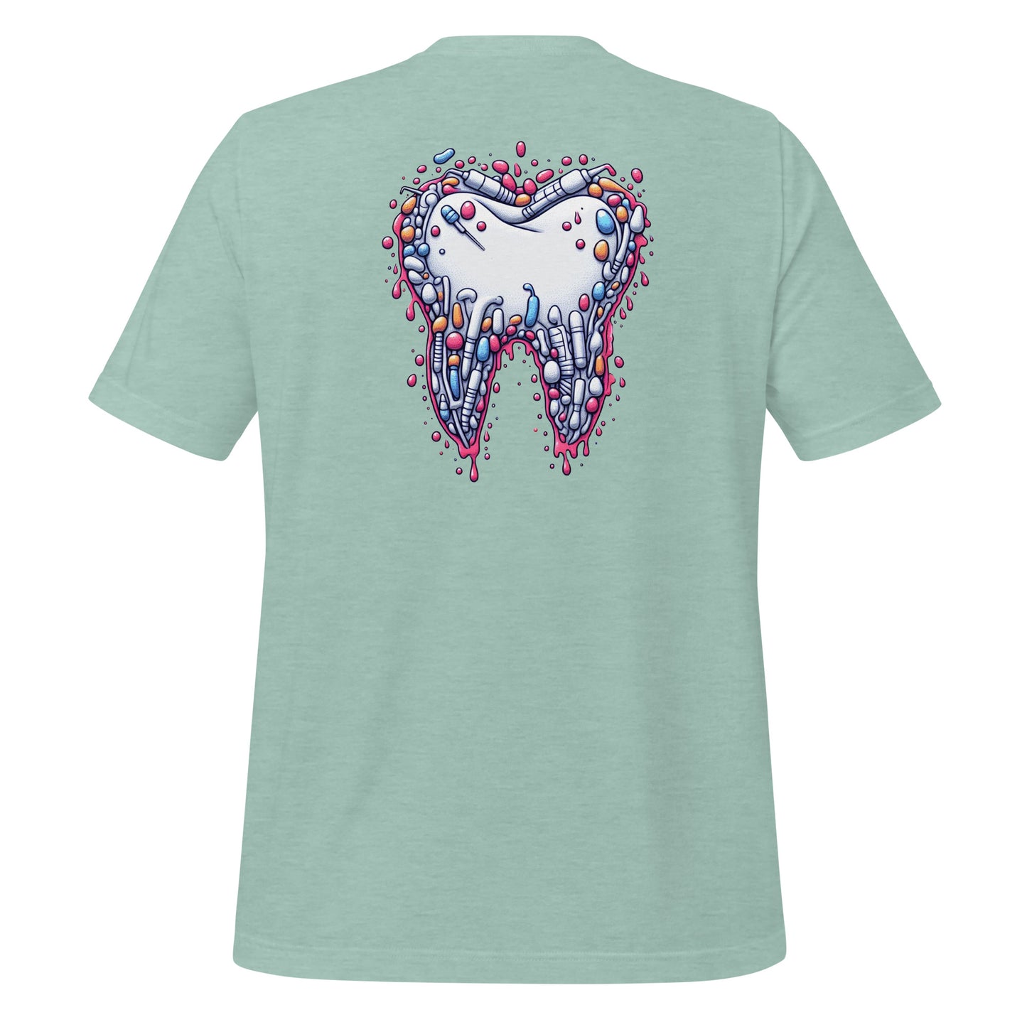 Modern style tooth design dripping with colorful details on a heather prism dusty blue dental shirt, perfect for dental professionals and enthusiasts.