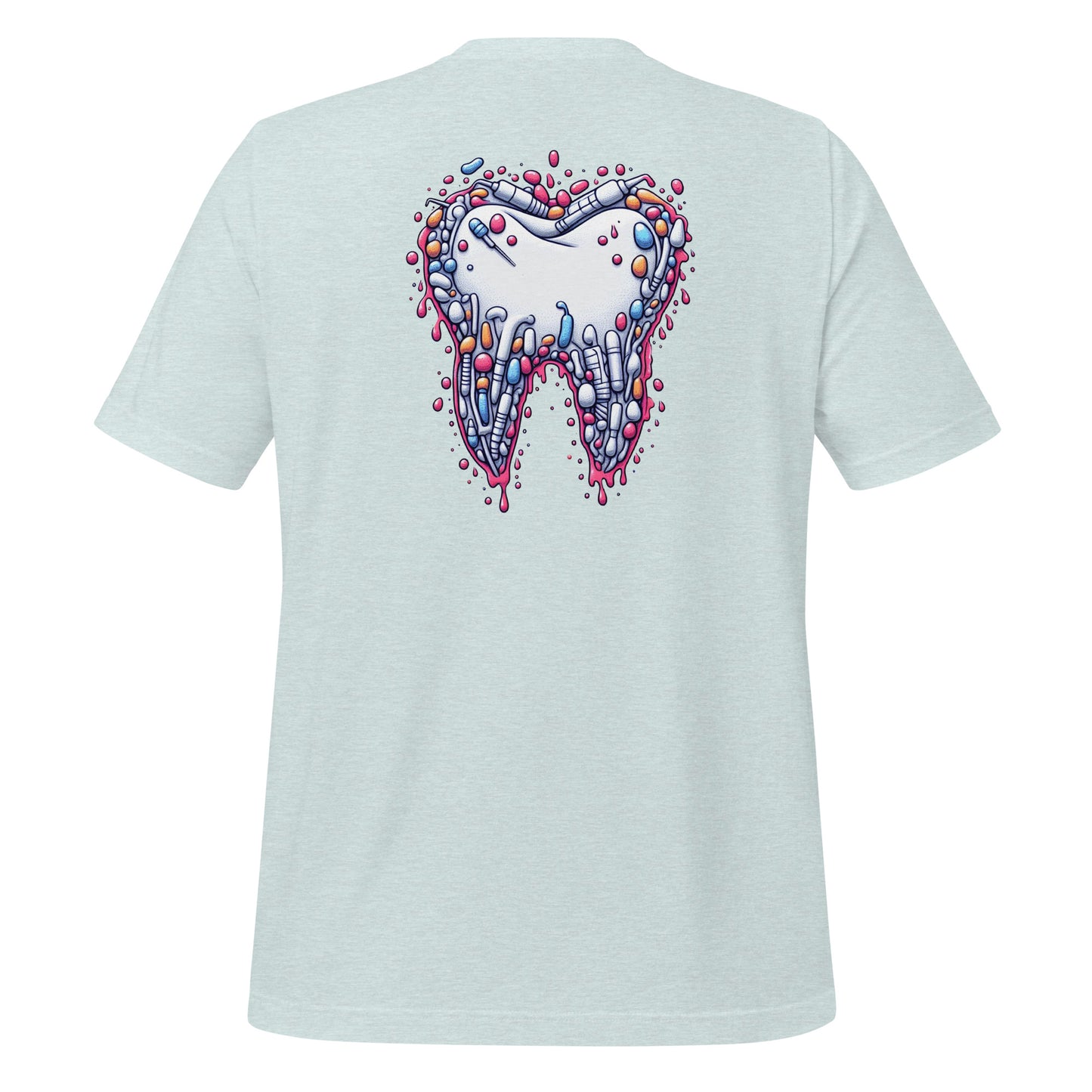 Modern style tooth design dripping with colorful details on a heather prism ice blue dental shirt, perfect for dental professionals and enthusiasts.