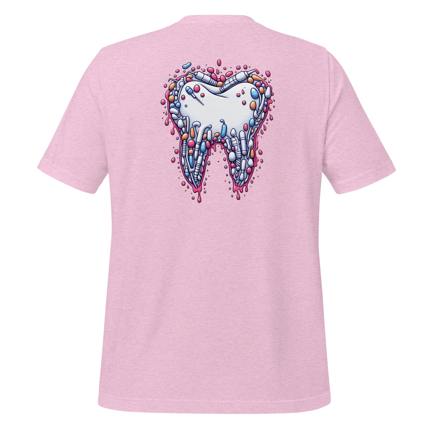 Modern style tooth design dripping with colorful details on a heather prism lilac dental shirt, perfect for dental professionals and enthusiasts.