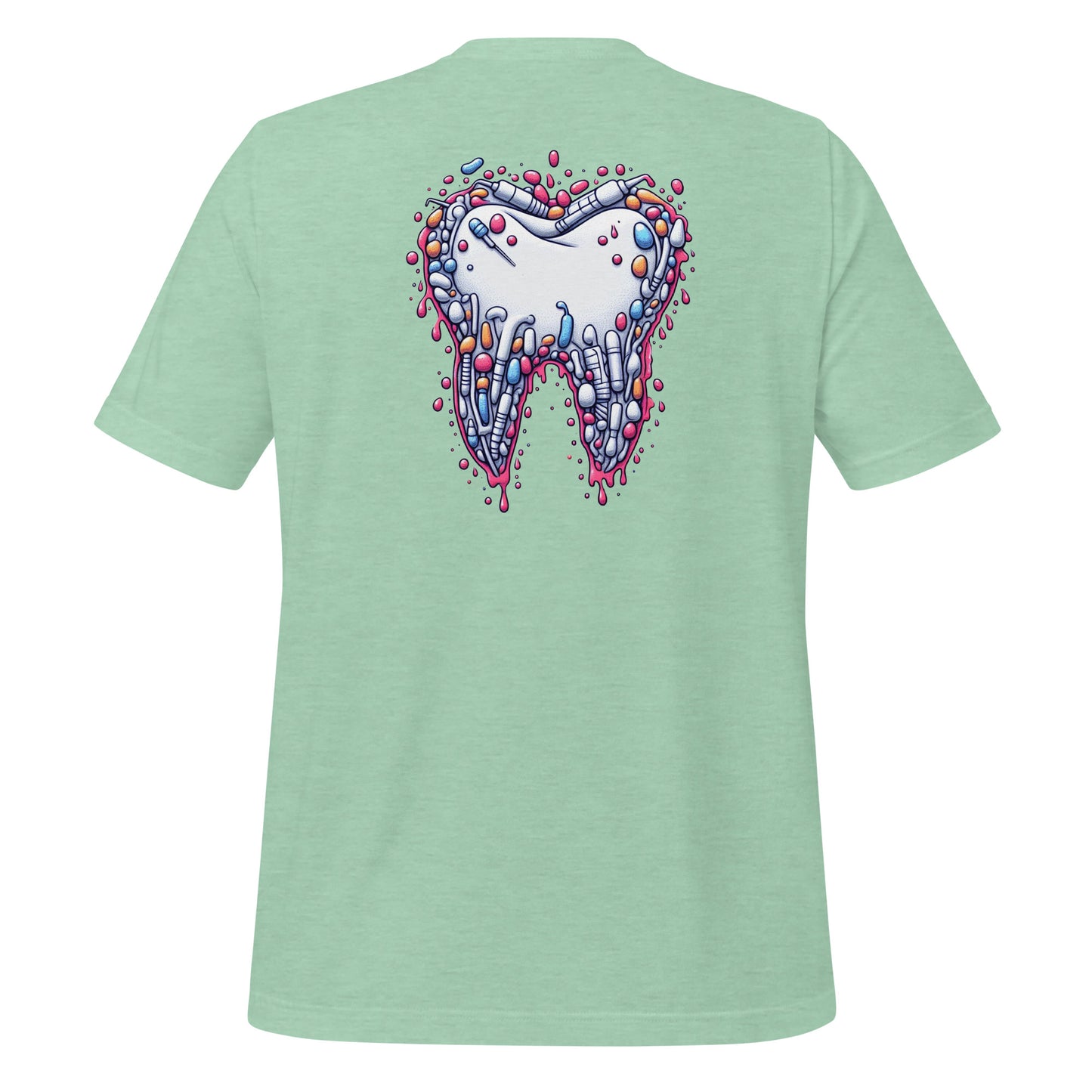Modern style tooth design dripping with colorful details on a heather prism mint dental shirt, perfect for dental professionals and enthusiasts.
