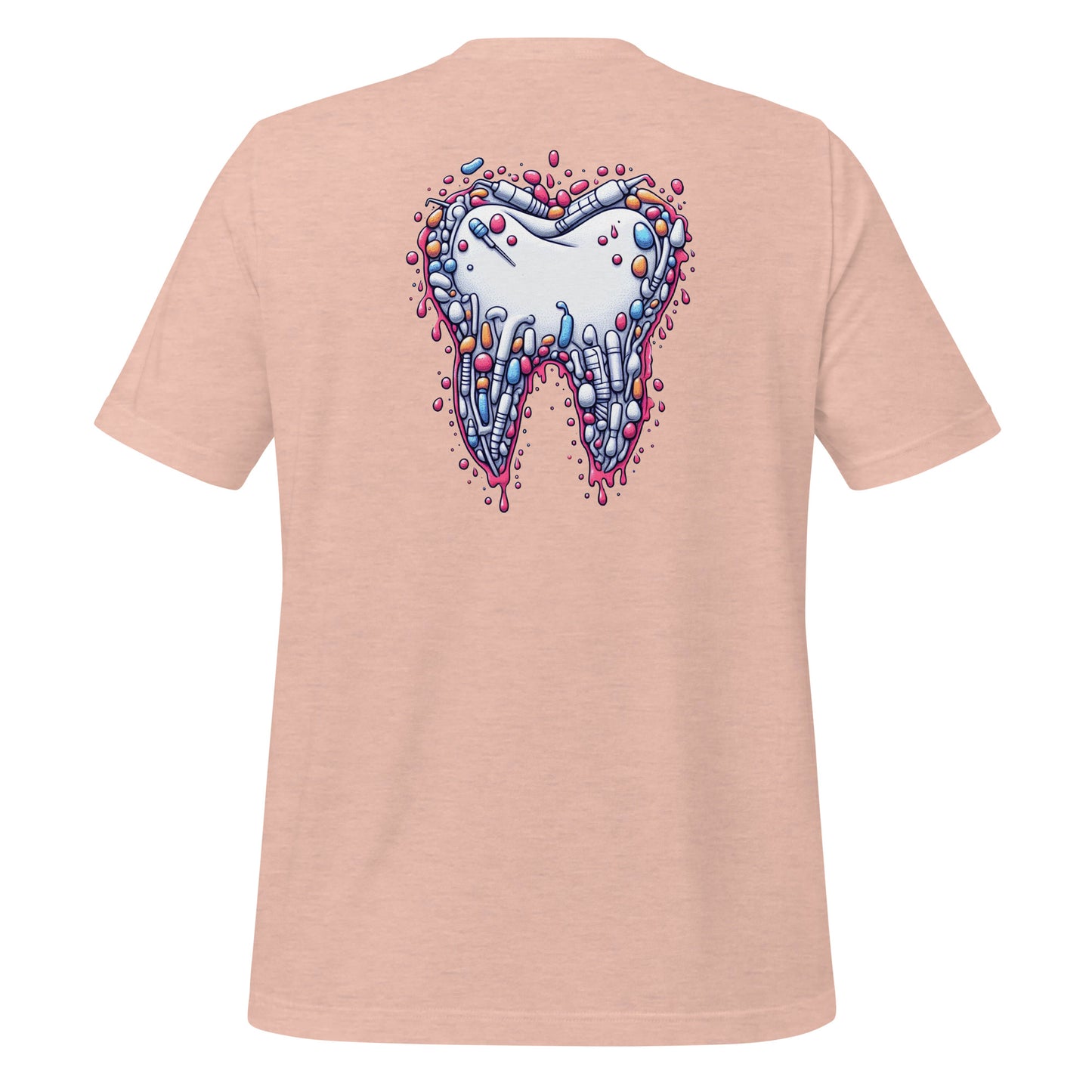 Modern style tooth design dripping with colorful details on a heather prism peach dental shirt, perfect for dental professionals and enthusiasts.