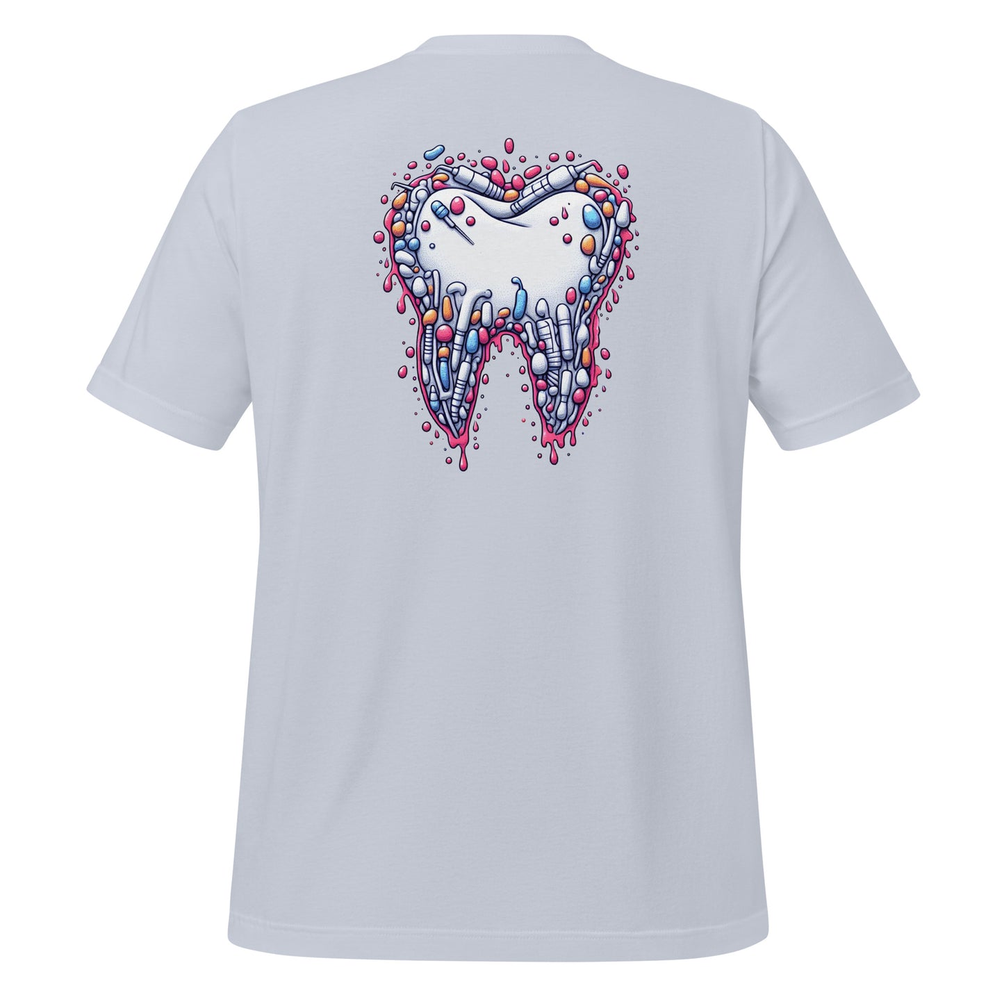 Modern style tooth design dripping with colorful details on a light blue dental shirt, perfect for dental professionals and enthusiasts.