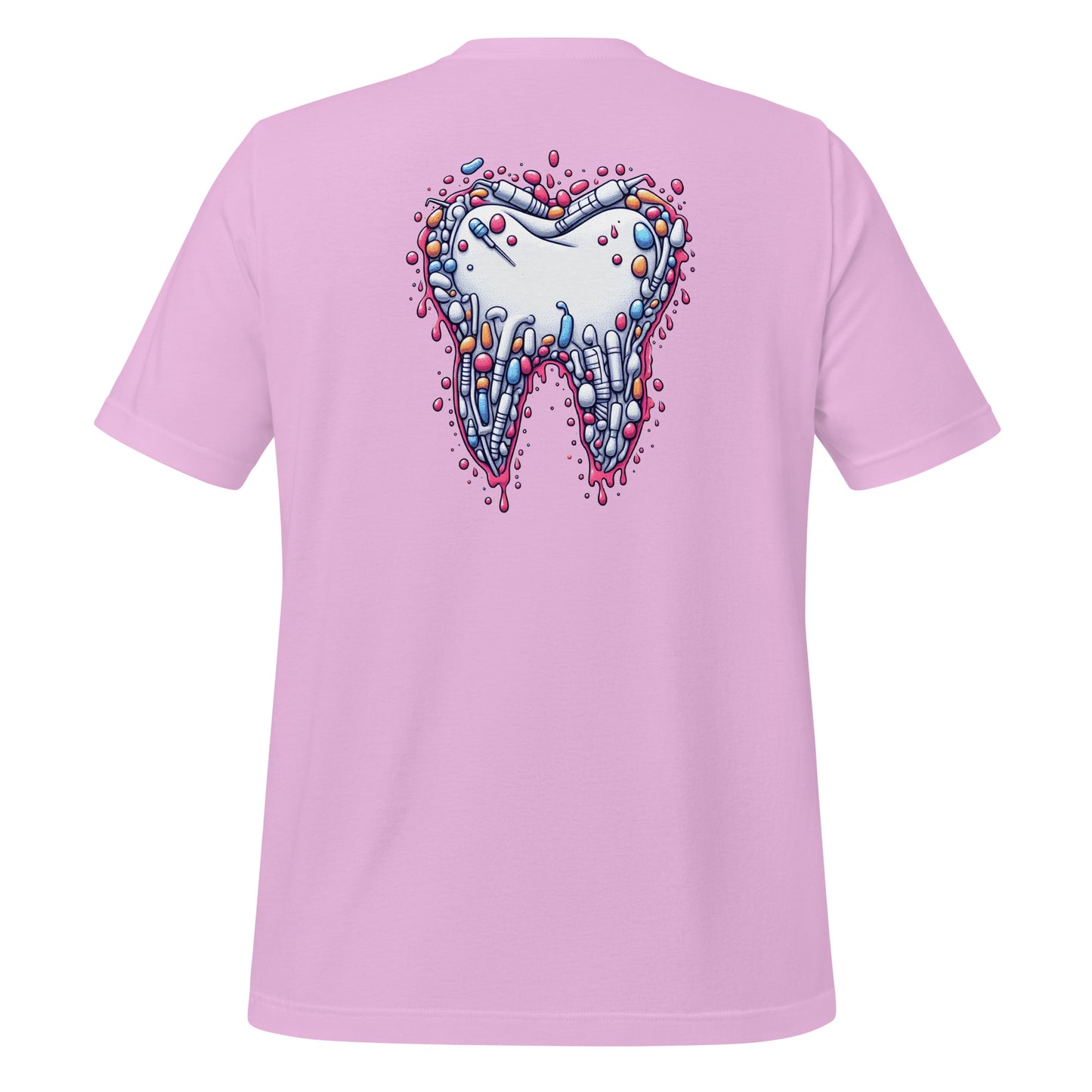 Modern style tooth design dripping with colorful details on a lilac dental shirt, perfect for dental professionals and enthusiasts.