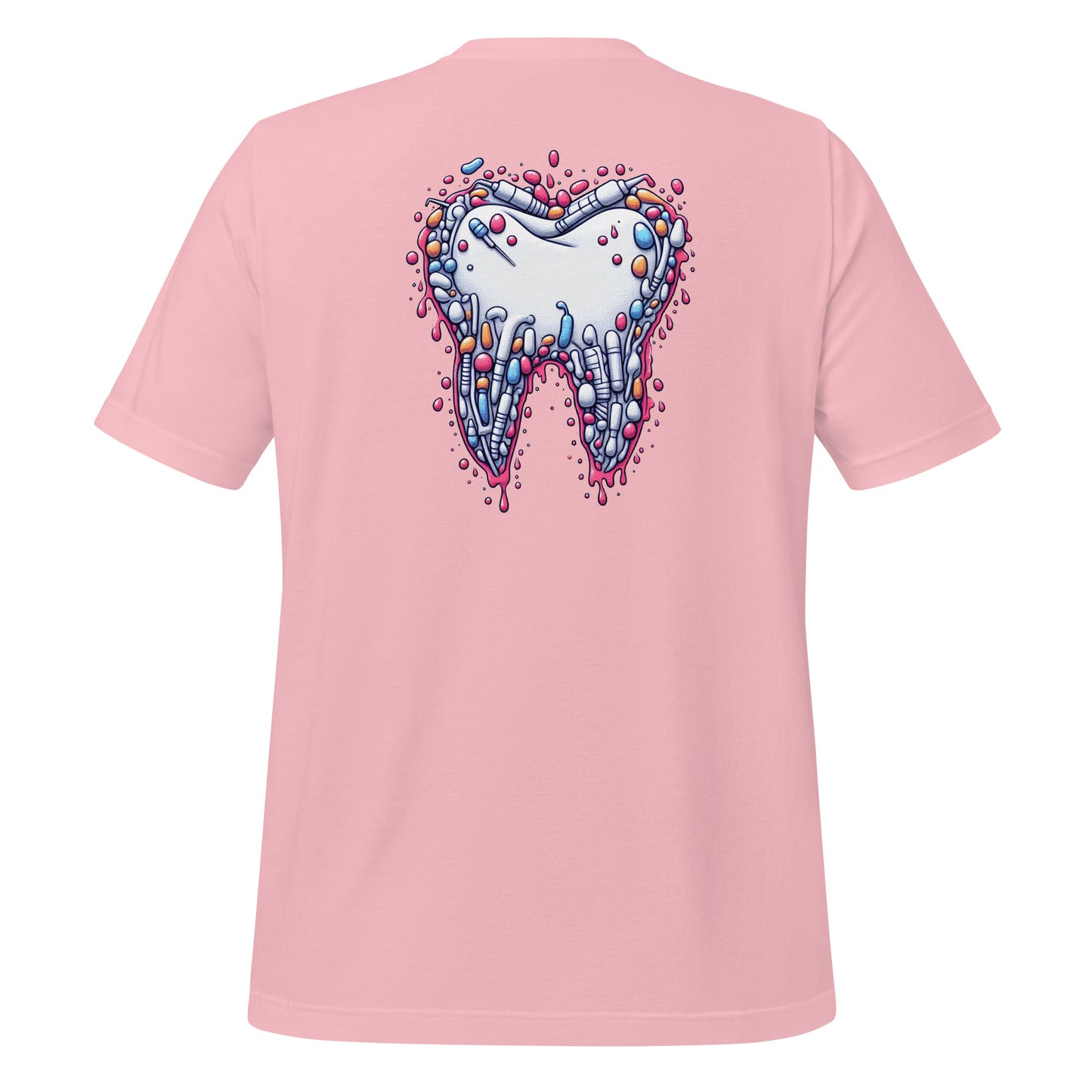 Modern style tooth design dripping with colorful details on a pink dental shirt, perfect for dental professionals and enthusiasts.