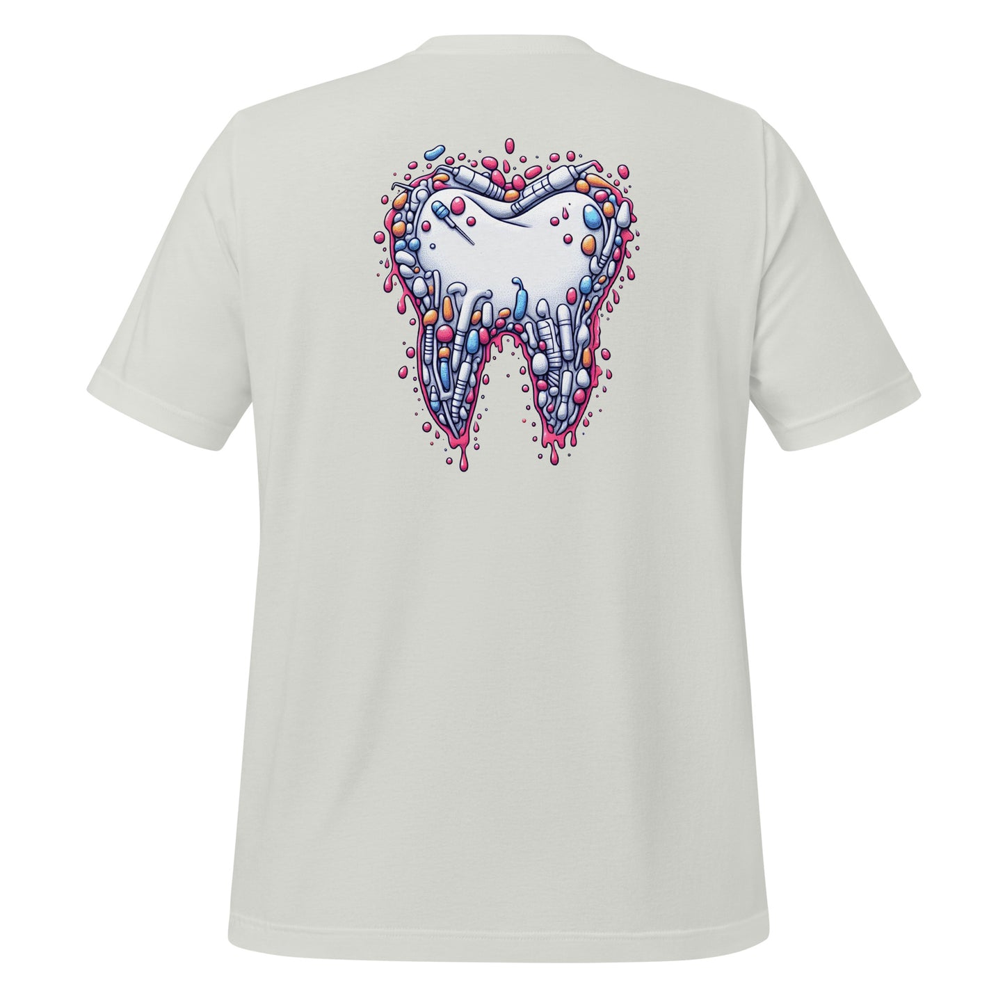 Modern style tooth design dripping with colorful details on a silver dental shirt, perfect for dental professionals and enthusiasts.
