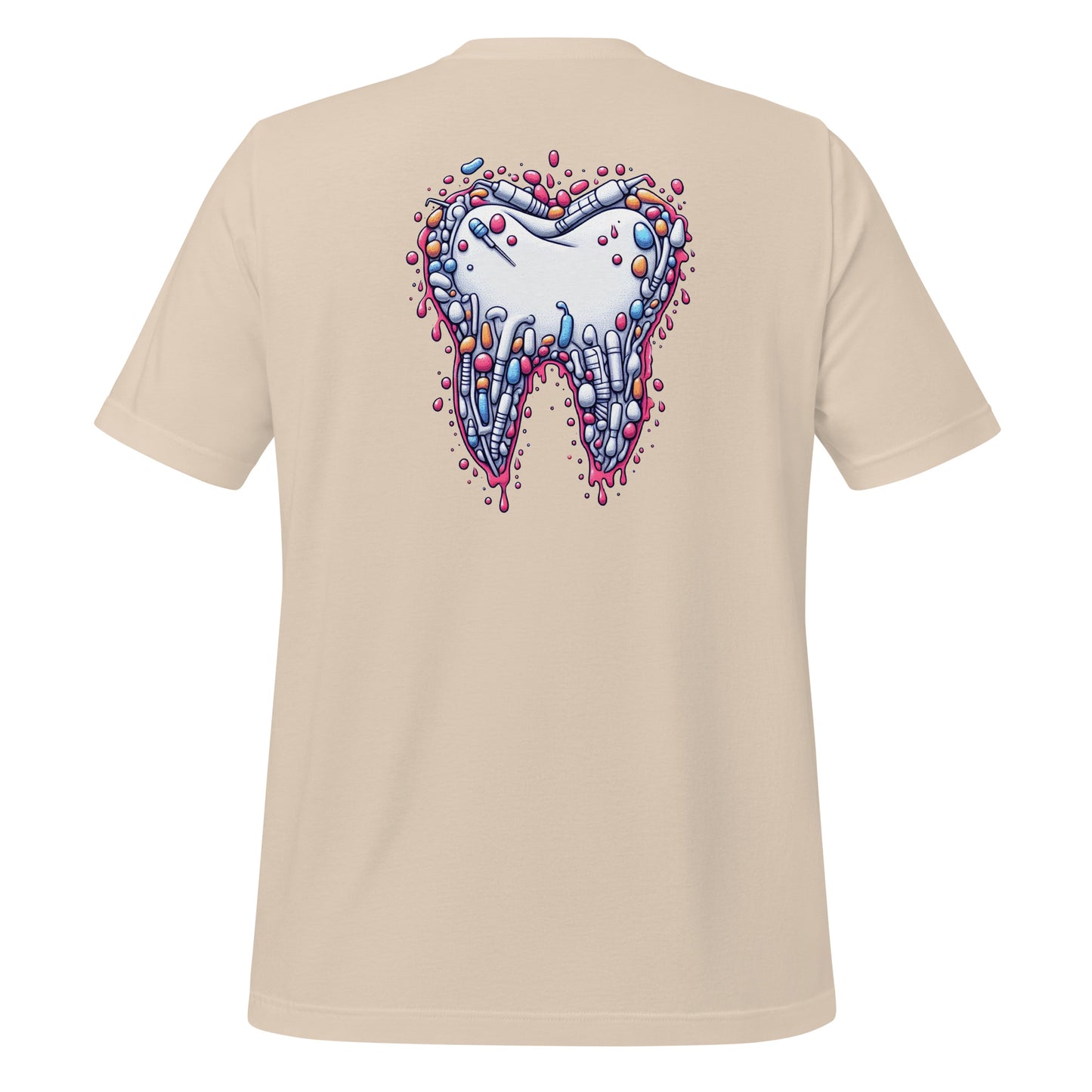 Modern style tooth design dripping with colorful details on a soft cream dental shirt, perfect for dental professionals and enthusiasts.