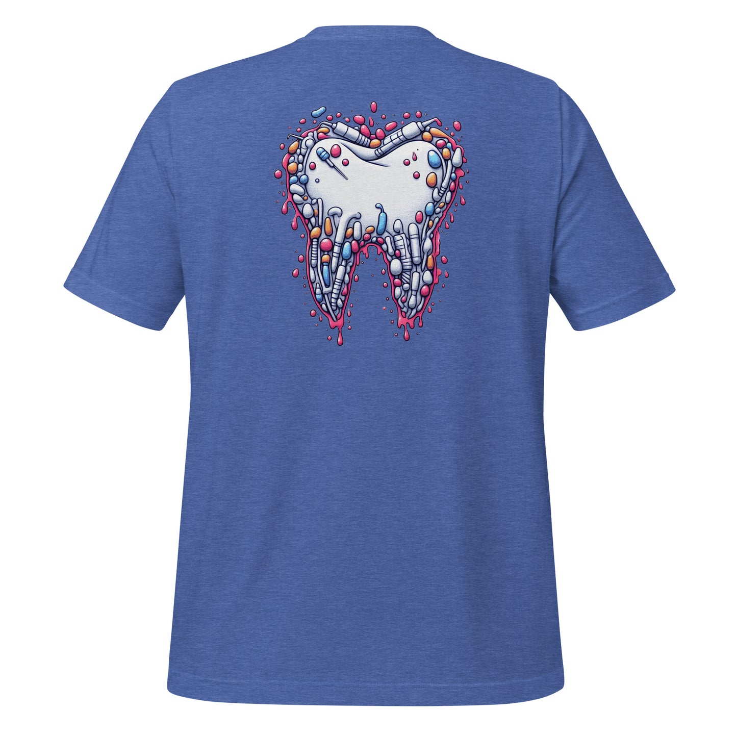 Modern style tooth design dripping with colorful details on a true royal dental shirt, perfect for dental professionals and enthusiasts.