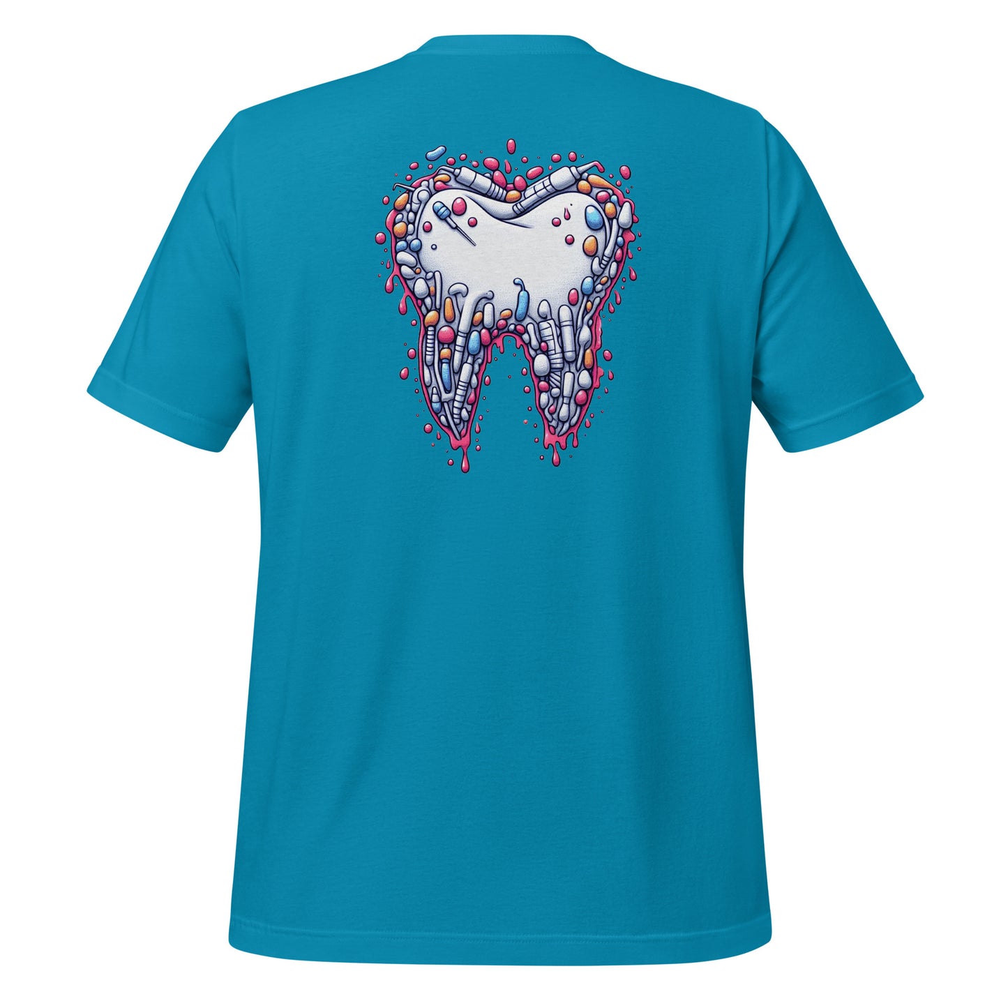 Modern style tooth design dripping with colorful details on an aqua dental shirt, perfect for dental professionals and enthusiasts.