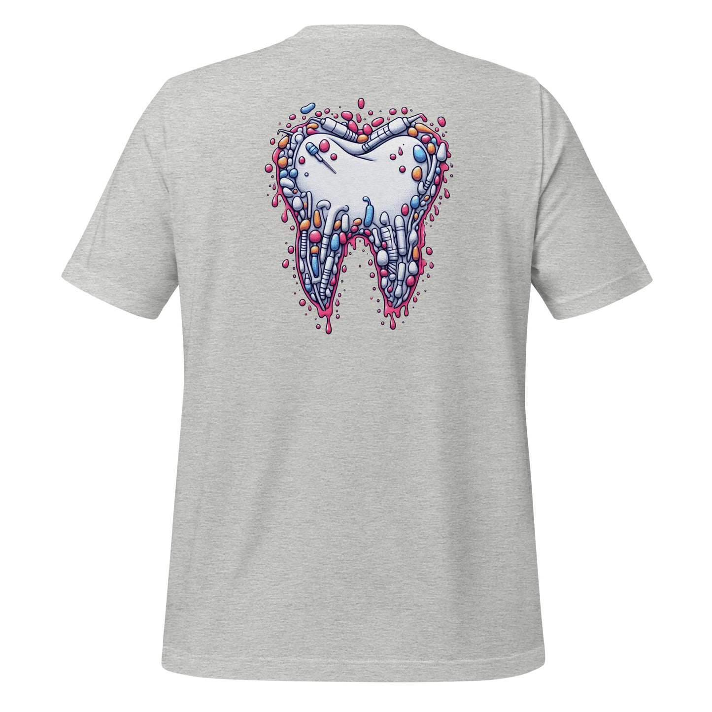 Modern style tooth design dripping with colorful details on an athletic heather dental shirt, perfect for dental professionals and enthusiasts.