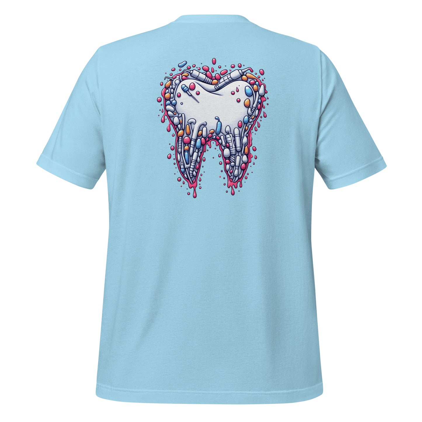 Modern style tooth design dripping with colorful details on ocean blue dental shirt, perfect for dental professionals and enthusiasts.