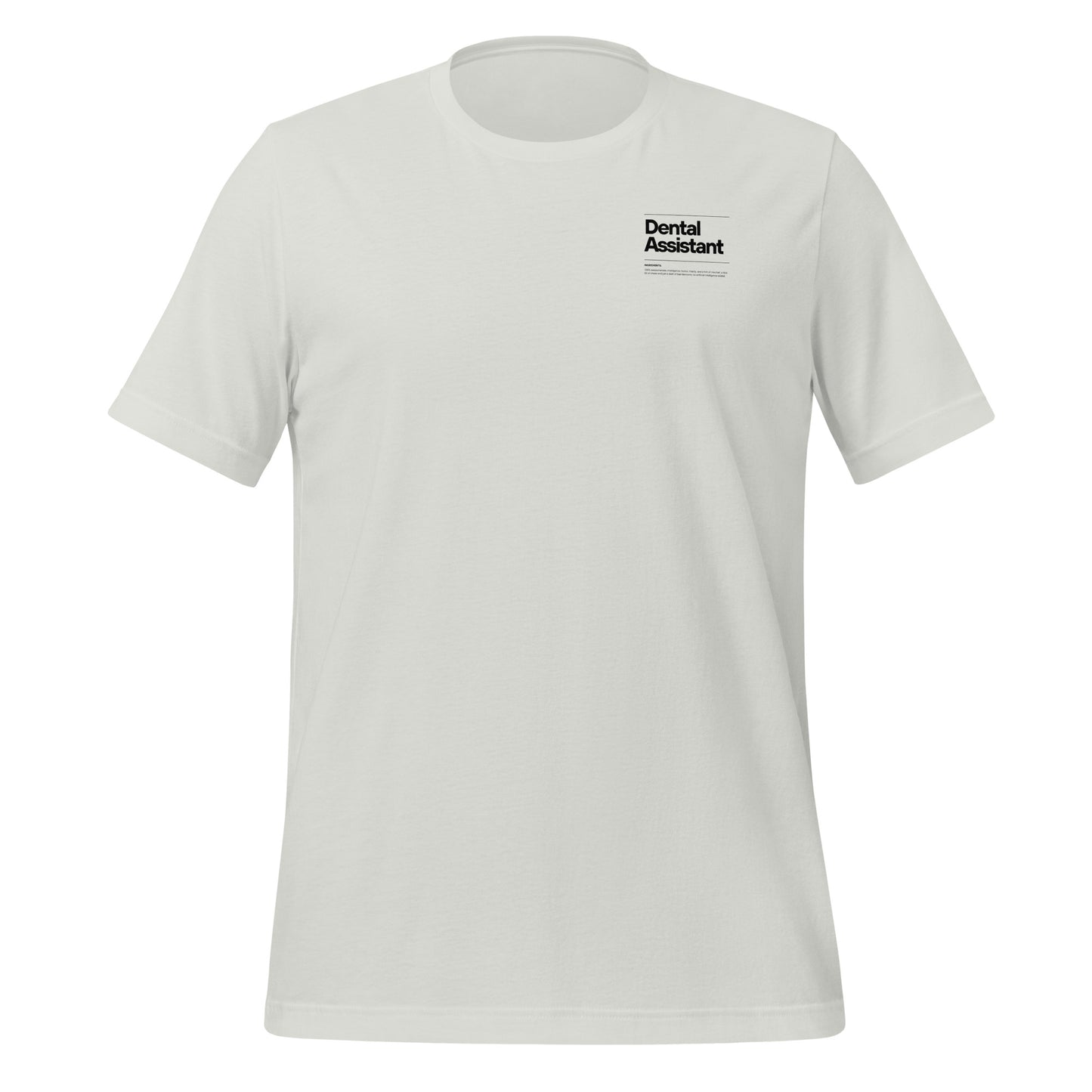 Silver dental assistant shirt featuring a creative label design with icons and text, perfect for dental assistants who want to express their identity and passion for their job - dental shirts front view.