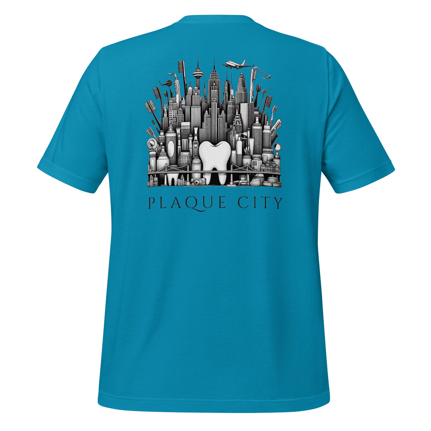 Cityscape illustration made of dental hygiene products, including toothpaste tubes, toothbrushes, and floss containers. Perfect for a dentist or dental hygienist gift, or a unique dental-themed t-shirt design. Aqua color.