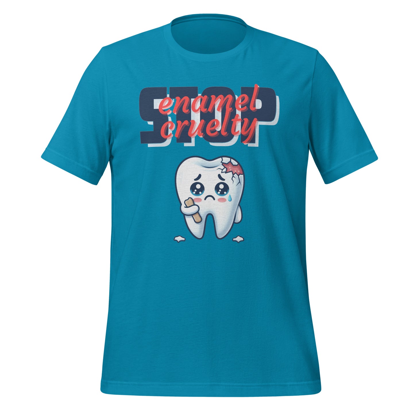 Adorable dental t-shirt with a sad crying cartoon tooth character with chipped enamel, ideal for dental hygienists or as a cute dental hygienist t-shirt gift. Aqua color.