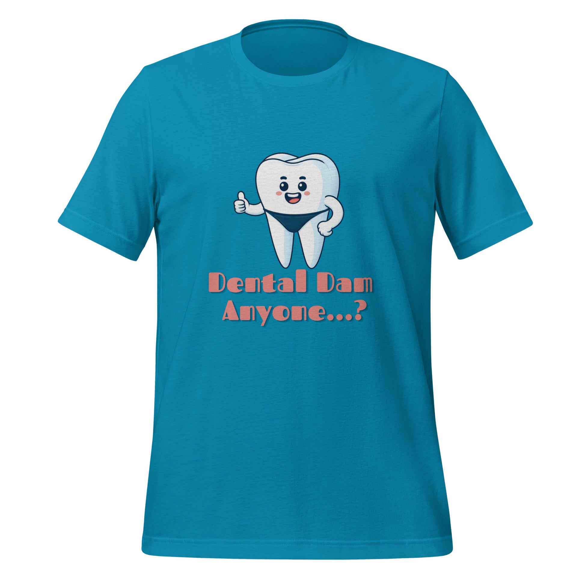 Funny dental shirt featuring a playful tooth character in a speedo with the text ‘Dental Dam Anyone?’, perfect for dentists, dental hygienists, and dental students who enjoy dental humor. This dental shirt is a unique addition to any dental professional’s wardrobe, making it an ideal dental office shirt. Don’t miss out on our dental assistant shirts and dental hygiene shirts. Aqua color.