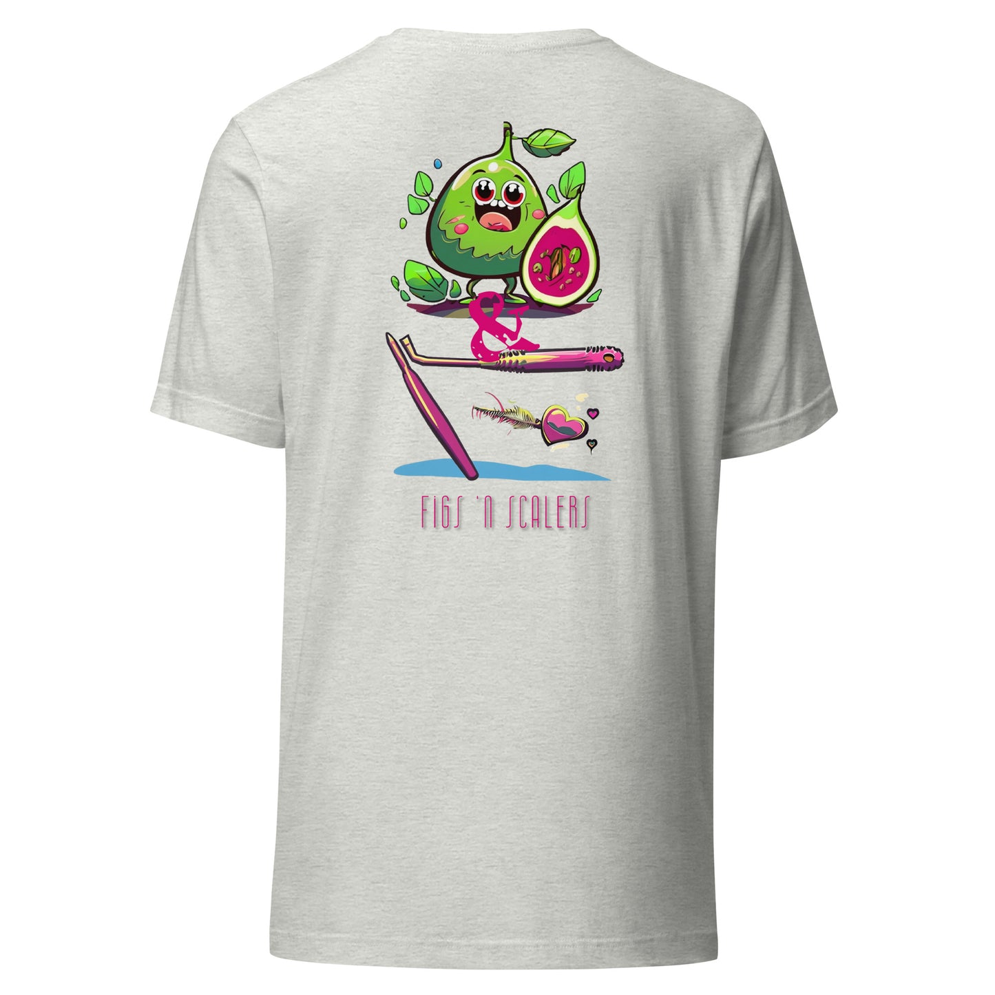 Adorable cartoon fig character with a dental scaler and a heart. Perfect for dental professionals who love Fig Scrubs, or for a cute and stylish dental t-shirt gift.Perfect dental swag for any dental professional. Ash color.