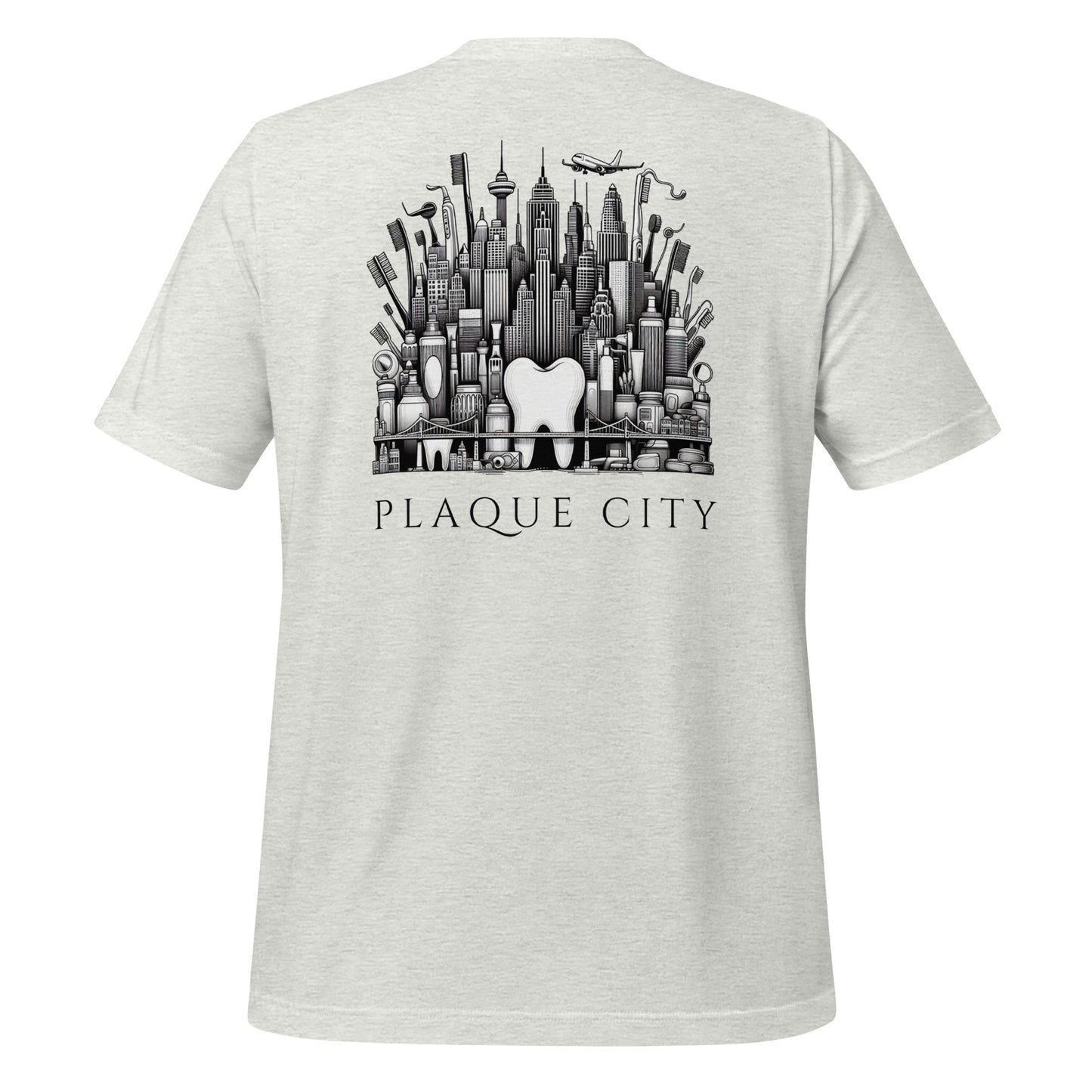 Cityscape illustration made of dental hygiene products, including toothpaste tubes, toothbrushes, and floss containers. Perfect for a dentist or dental hygienist gift, or a unique dental-themed t-shirt design. Ash color.