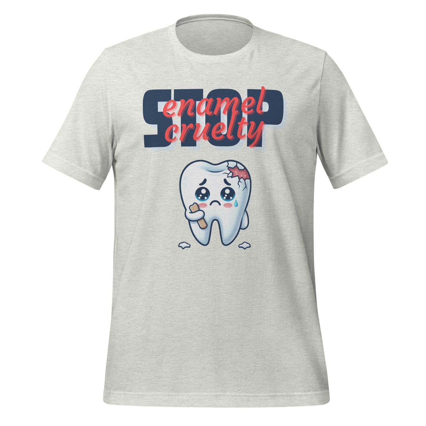 Adorable dental t-shirt with a sad crying cartoon tooth character with chipped enamel, ideal for dental hygienists or as a cute dental hygienist t-shirt gift. Ash color.