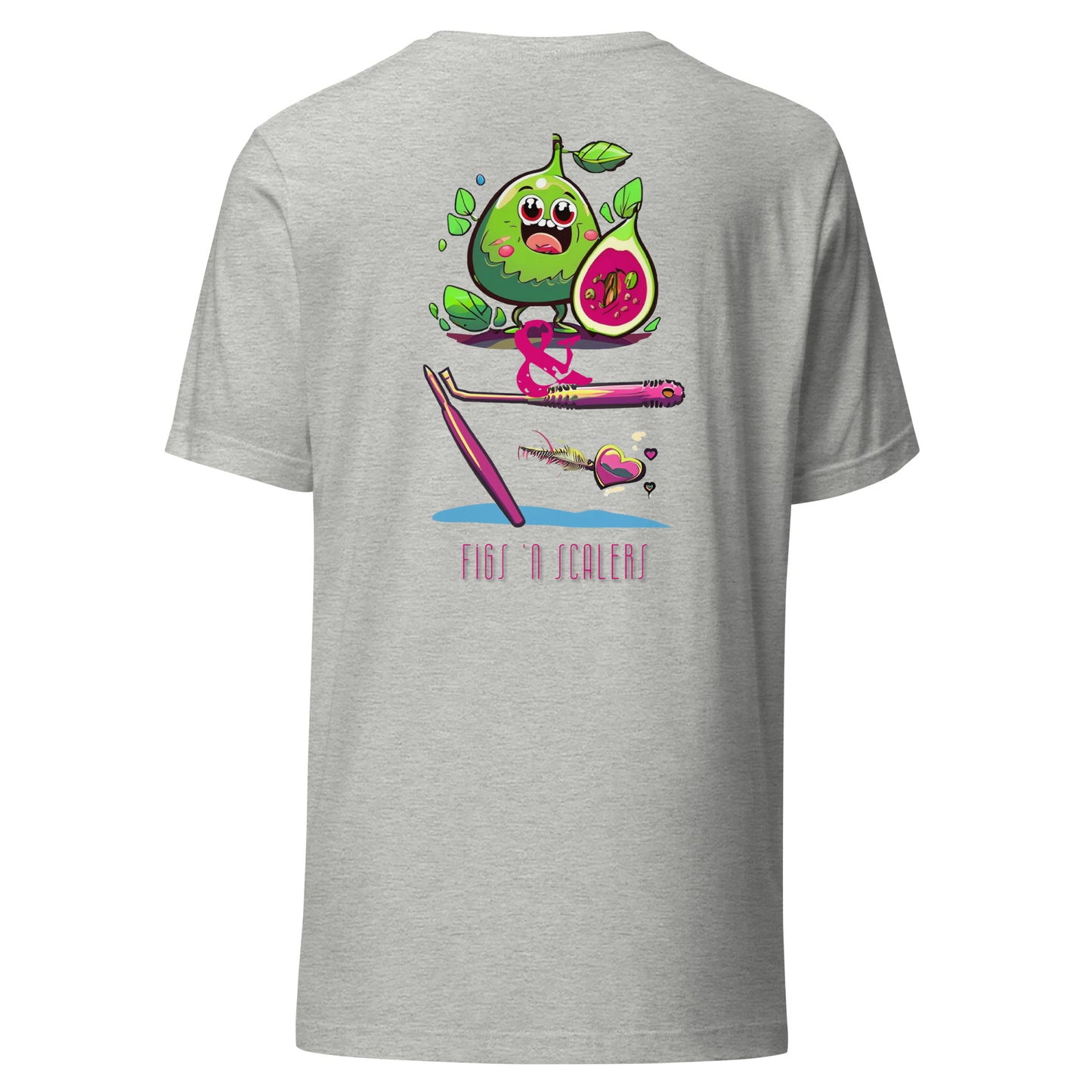 Adorable cartoon fig character with a dental scaler and a heart. Perfect for dental professionals who love Fig Scrubs, or for a cute and stylish dental t-shirt gift.Perfect dental swag for any dental professional. Athletic heather color.