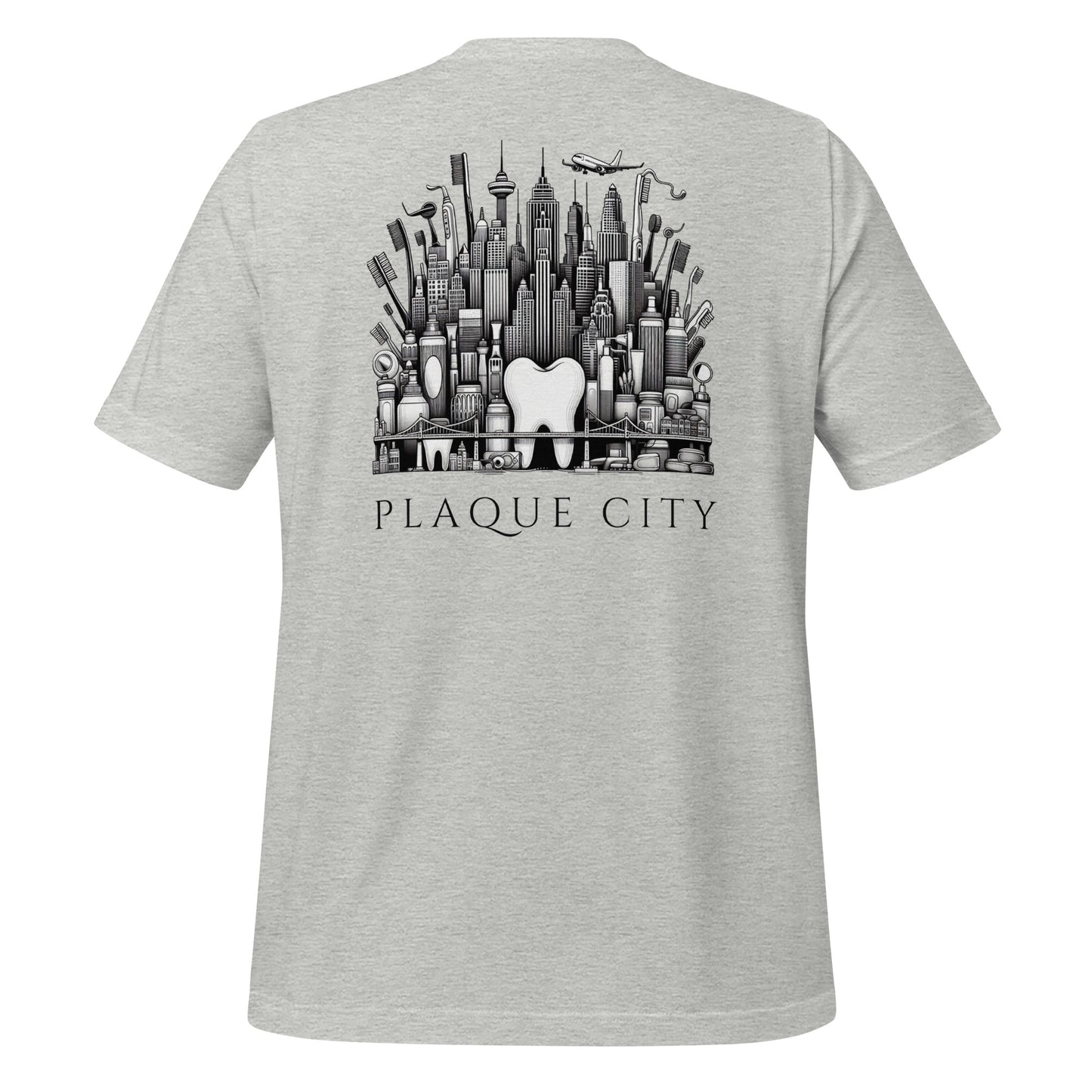 Cityscape illustration made of dental hygiene products, including toothpaste tubes, toothbrushes, and floss containers. Perfect for a dentist or dental hygienist gift, or a unique dental-themed t-shirt design. Athletic heather color.