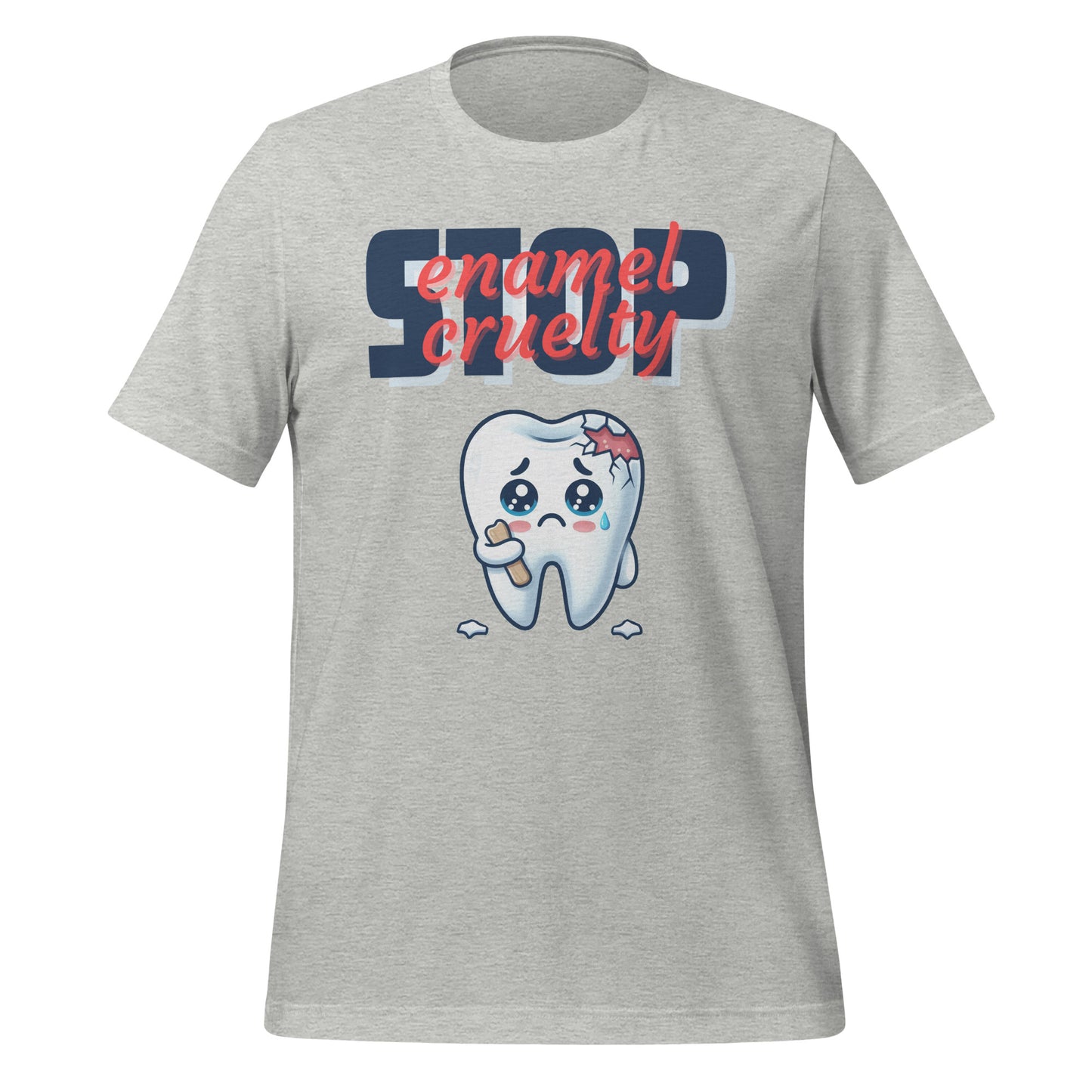 Adorable dental t-shirt with a sad crying cartoon tooth character with chipped enamel, ideal for dental hygienists or as a cute dental hygienist t-shirt gift. Athletic heather color.