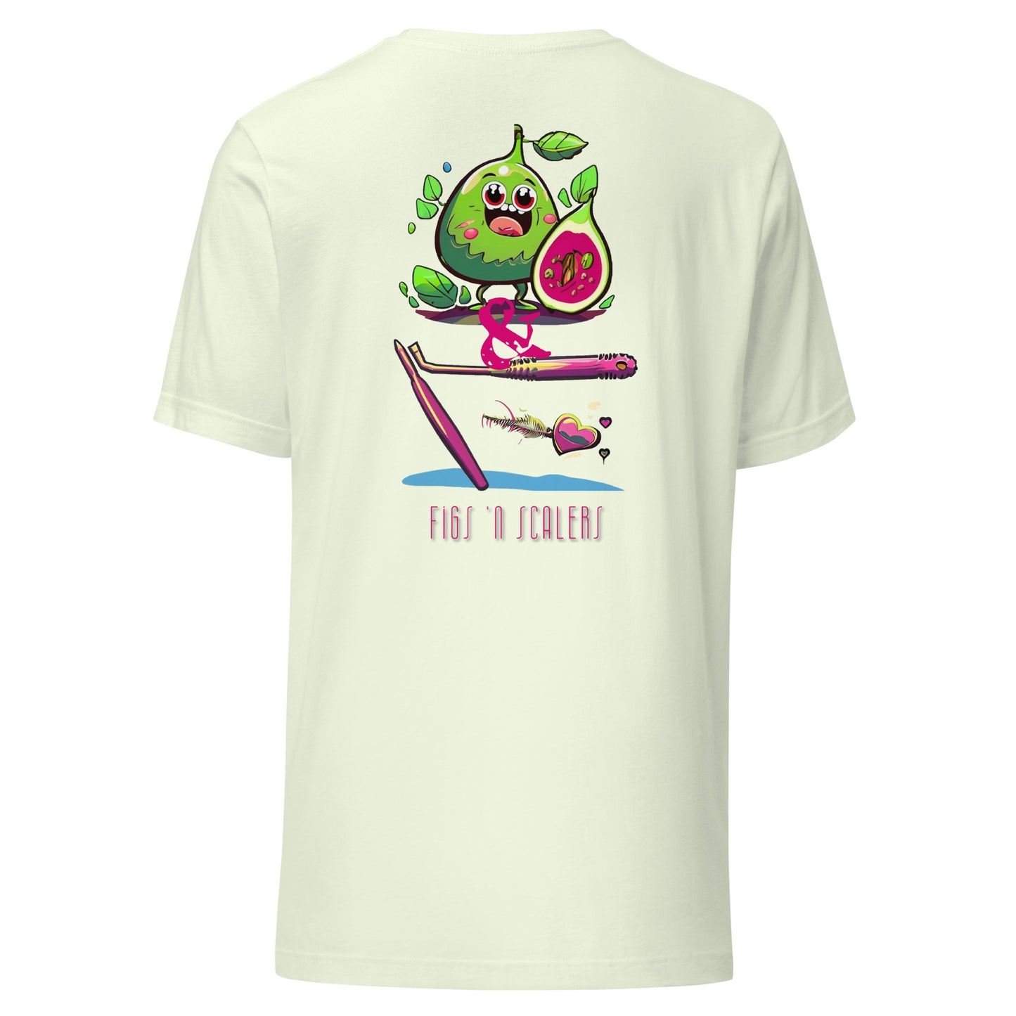 Adorable cartoon fig character with a dental scaler and a heart. Perfect for dental professionals who love Fig Scrubs, or for a cute and stylish dental t-shirt gift.Perfect dental swag for any dental professional. Citron color.