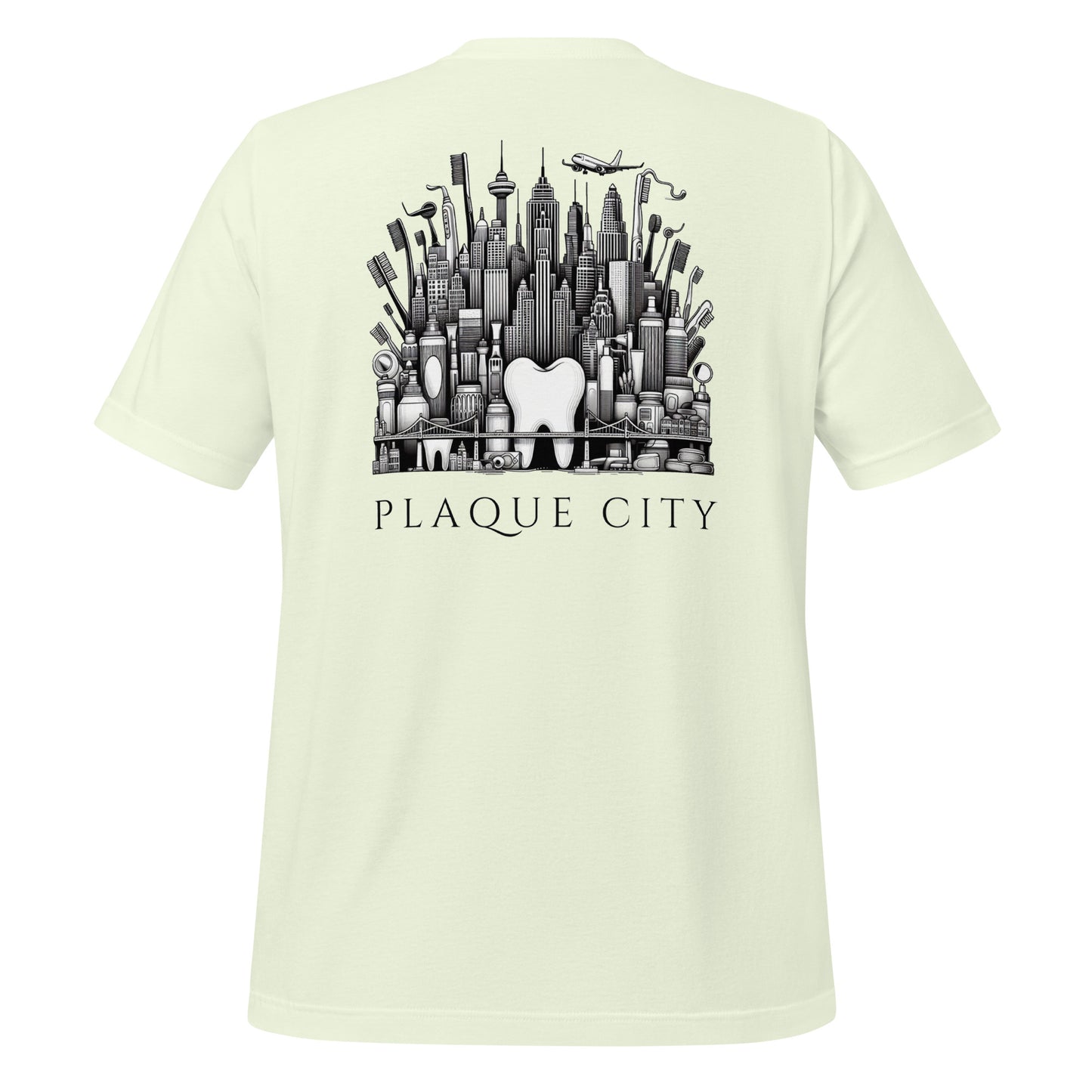 Cityscape illustration made of dental hygiene products, including toothpaste tubes, toothbrushes, and floss containers. Perfect for a dentist or dental hygienist gift, or a unique dental-themed t-shirt design. Citron color.