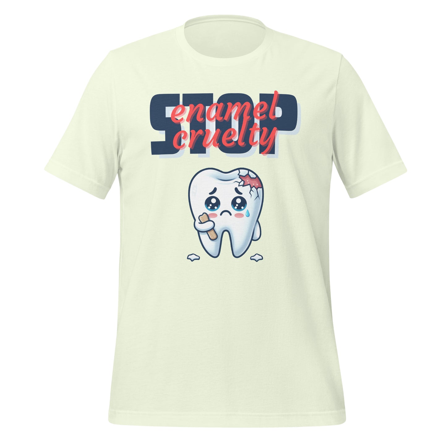 Adorable dental t-shirt with a sad crying cartoon tooth character with chipped enamel, ideal for dental hygienists or as a cute dental hygienist t-shirt gift. Citron color.