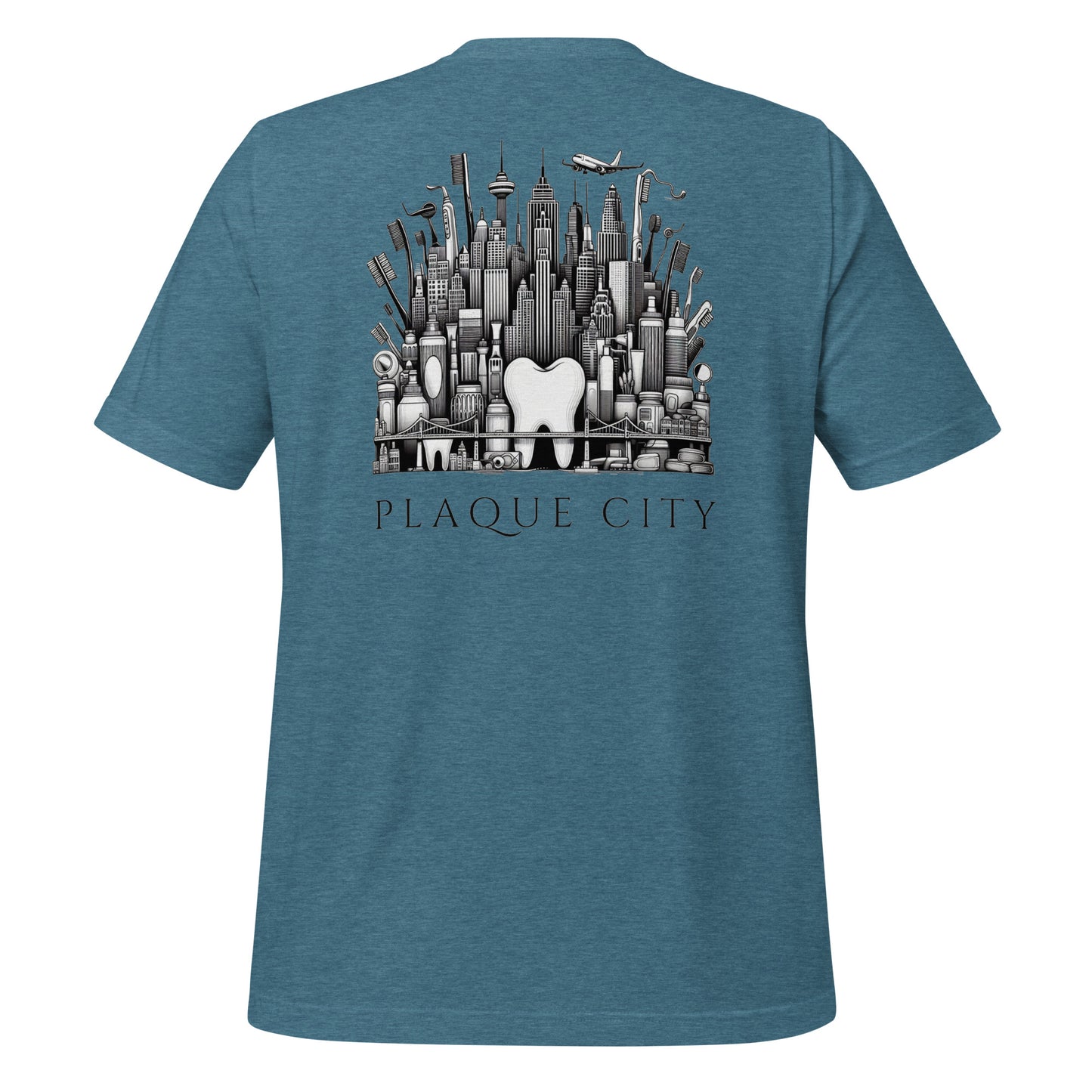 Cityscape illustration made of dental hygiene products, including toothpaste tubes, toothbrushes, and floss containers. Perfect for a dentist or dental hygienist gift, or a unique dental-themed t-shirt design. Heather deep teal color.